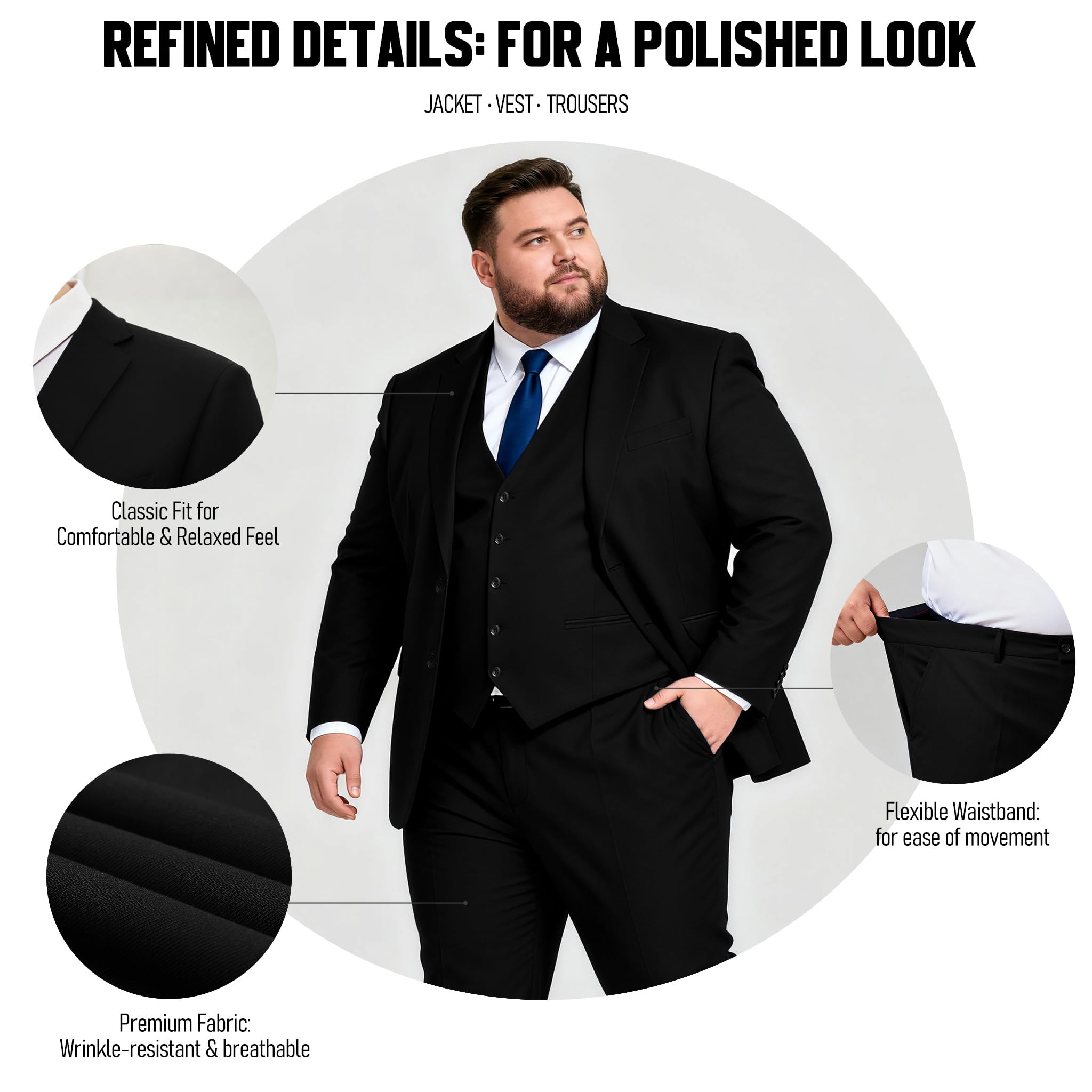 GATMSTZ Herrenanzug 3 teilig Große Größen für Starke Männer Regular Fit Sakko Weste Hose Komplett Set für Hochzeit Abschlussball Formelle Anlässe