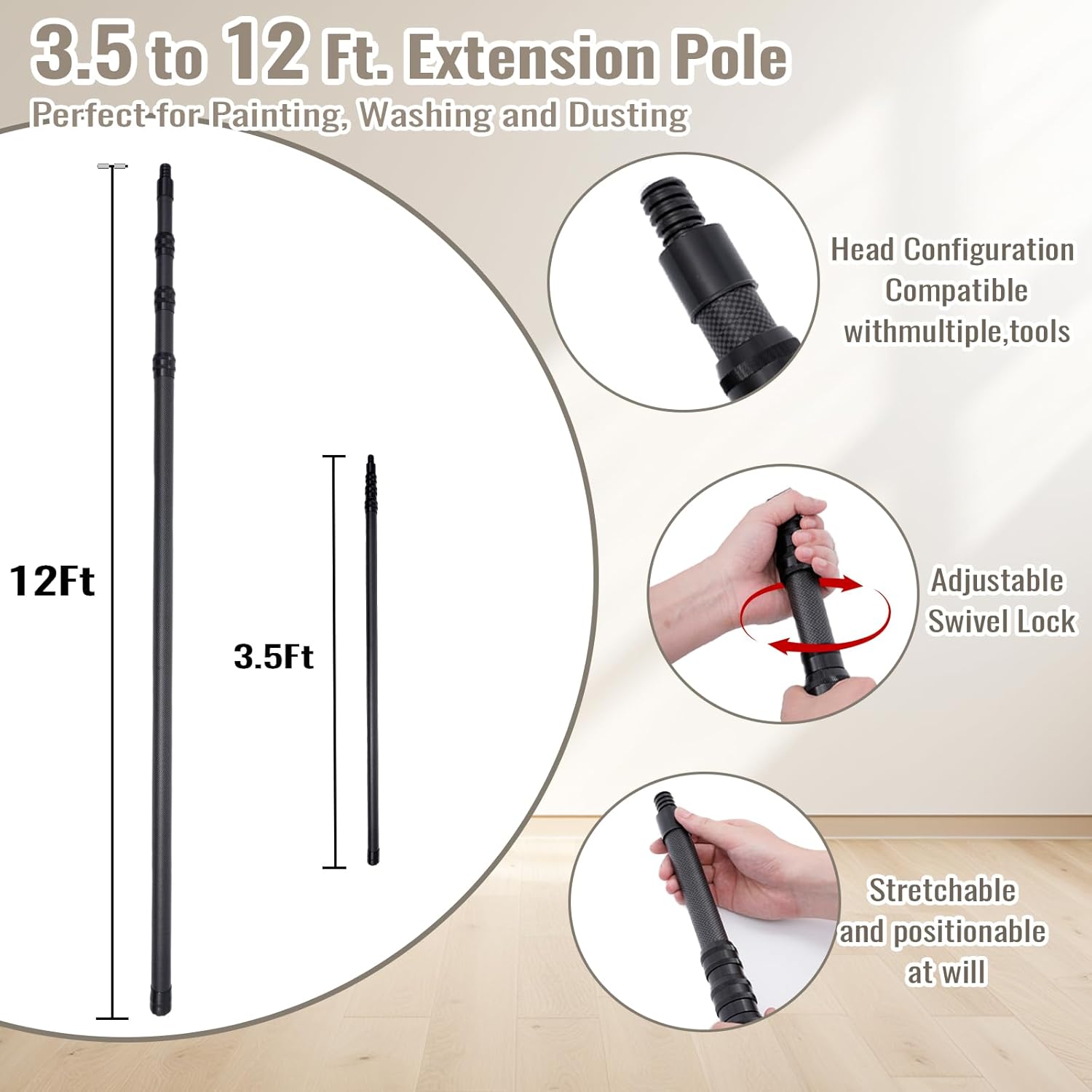 Carbon Fiber Extension Pole – 12ft Lightweight Telescoping Paint Roller Pole with Twist-Lock Thread, 40% Lighter Than Aluminum Poles (3.5-12ft)