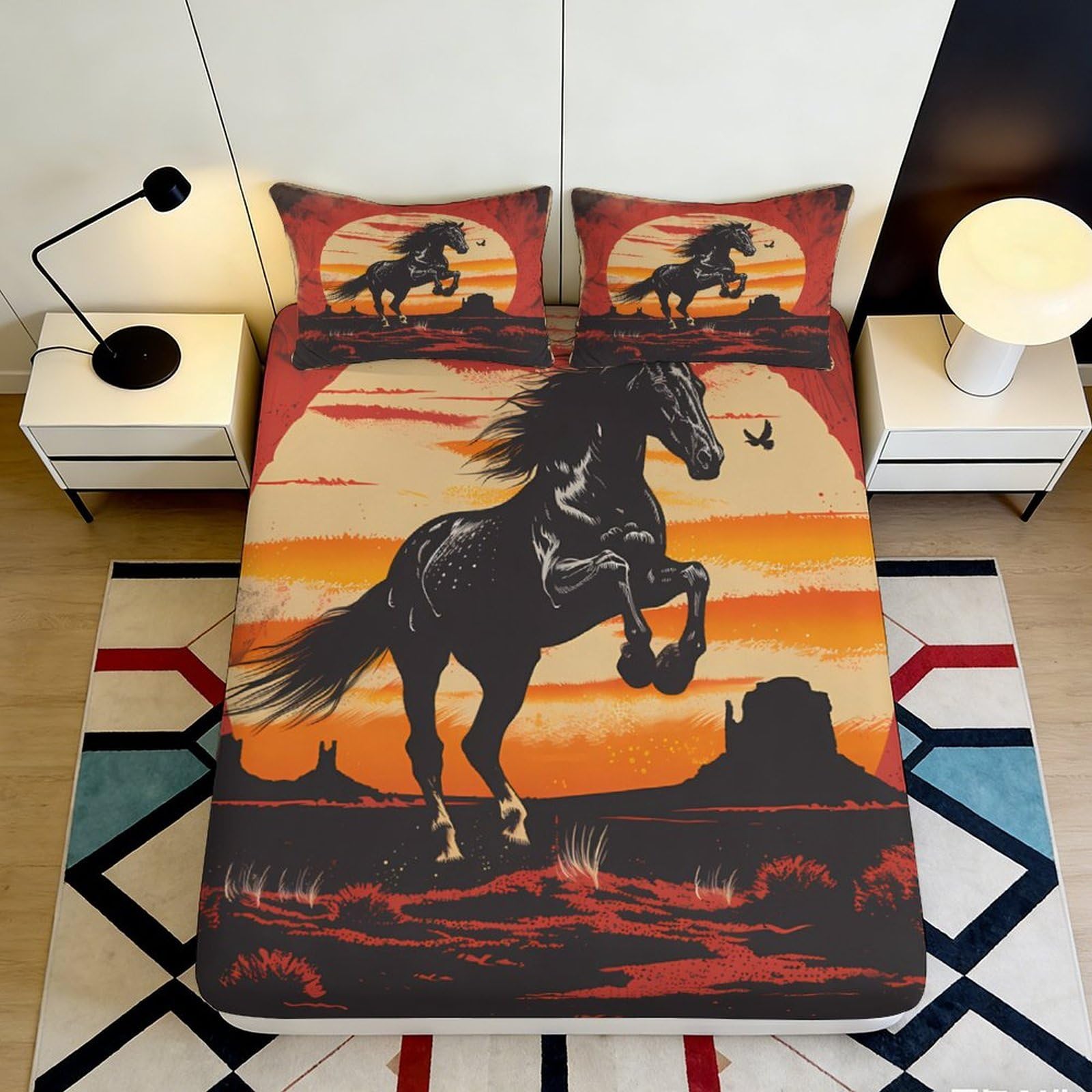 3D Printed Horse Sunset Fitted Sheet Microfiber Non-Slip Deep Pocket Bedroom Bedding Horse Mattress Fitted Cover Washable for Adults 160x200x25cm