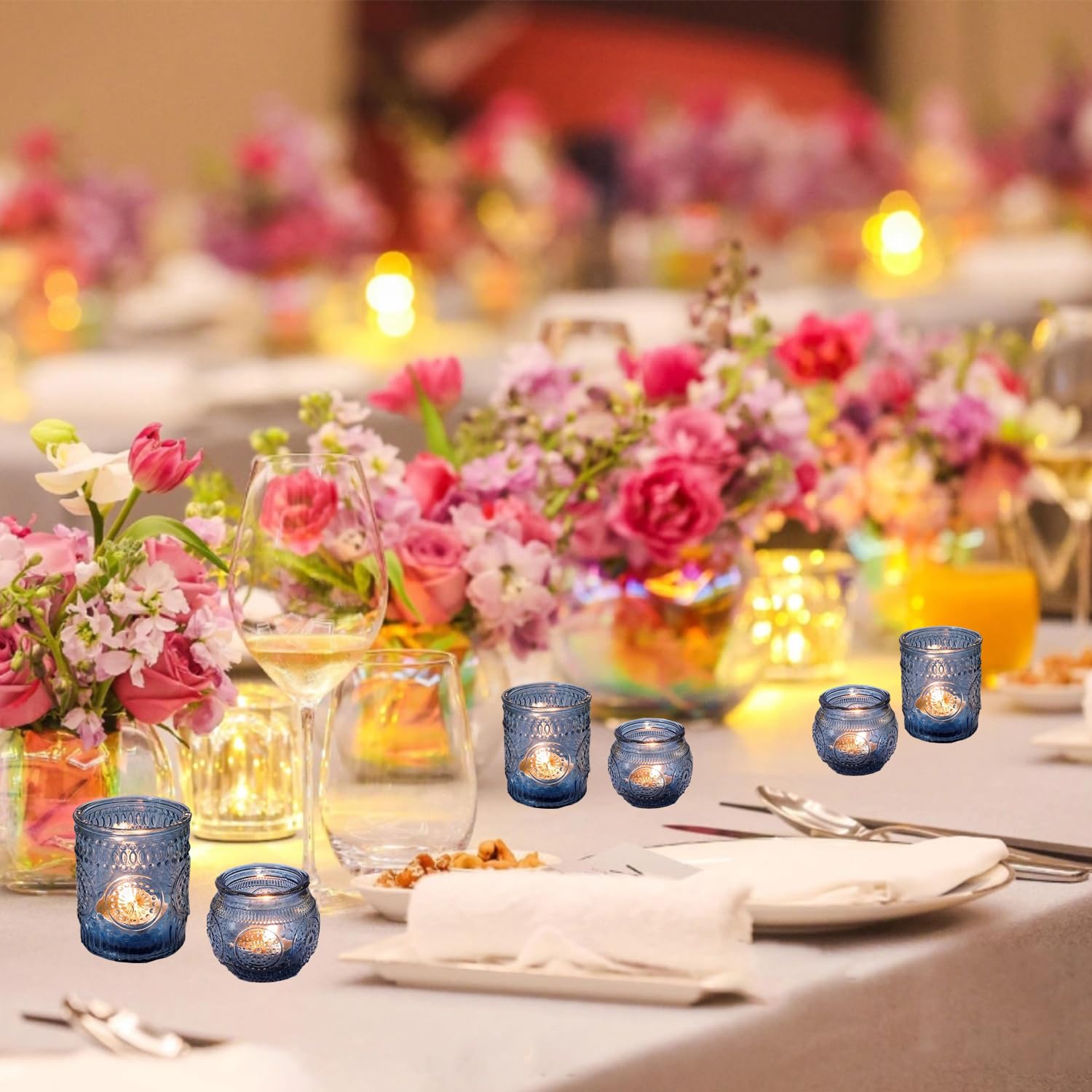 Portavelas de cristal, portavelas votivos para centro de mesa de boda, varias fiestas y decoración del hogar (12, azul)