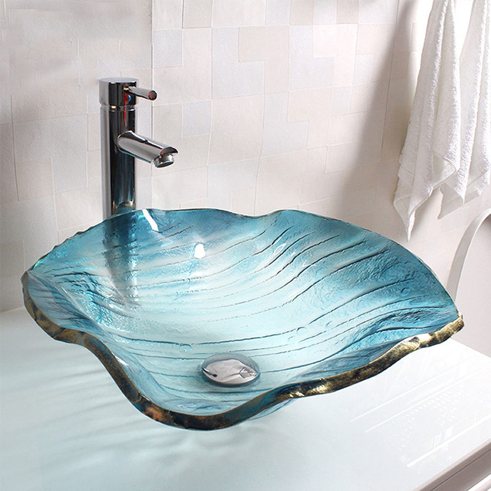 Jings Blue Tempered Glass Bathroom Vessel Sink, Vessel Sink With Faucet And Drain Combo, Artistic Vessel Sink Vanity, Above Counter Bathroom Sinks