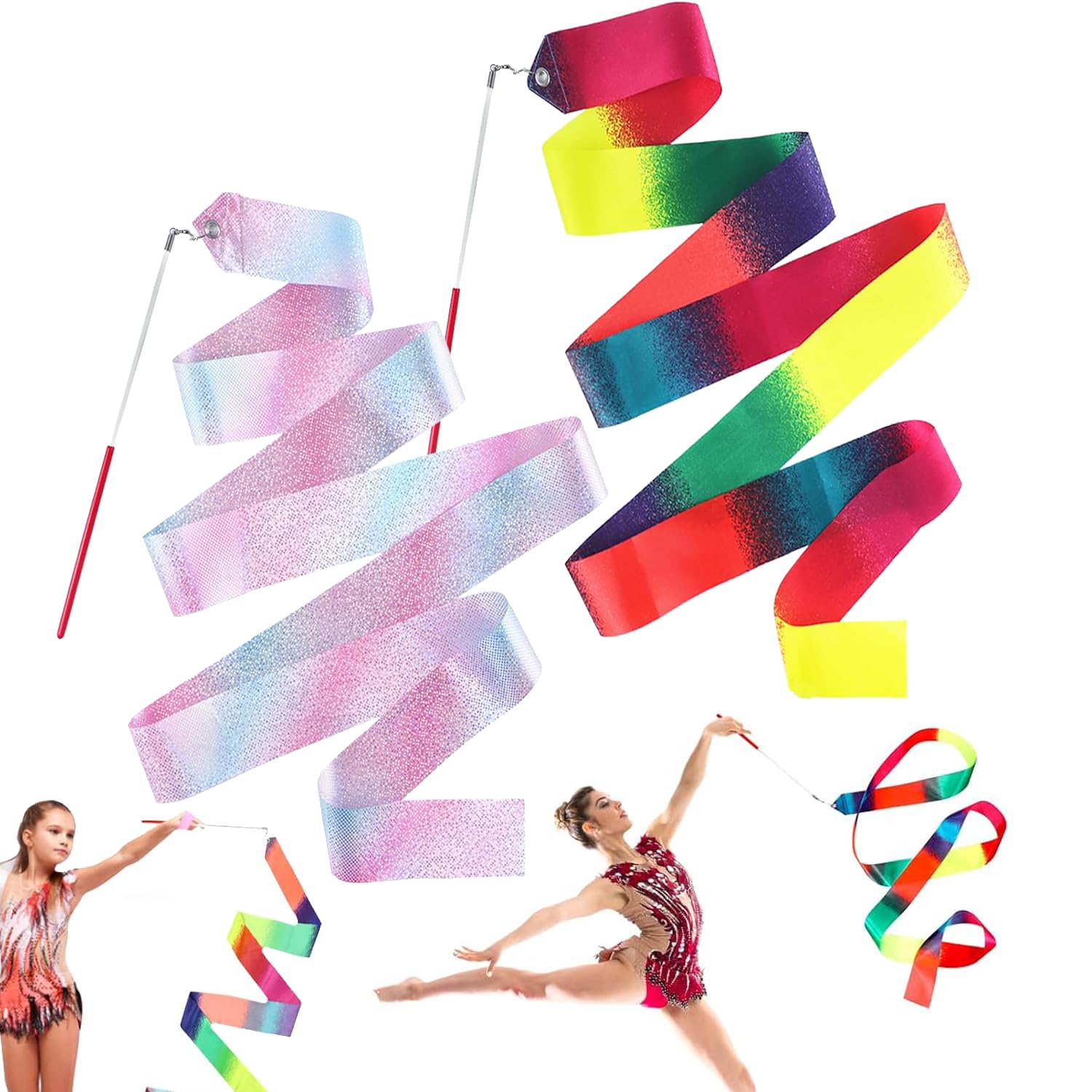 2 pezzi nastro da ballo da 2 m nastro da ginnastica per bambini arcobaleno e rosa, materiale da ginnastica, bacchetta per l'allenamento della danza artistica