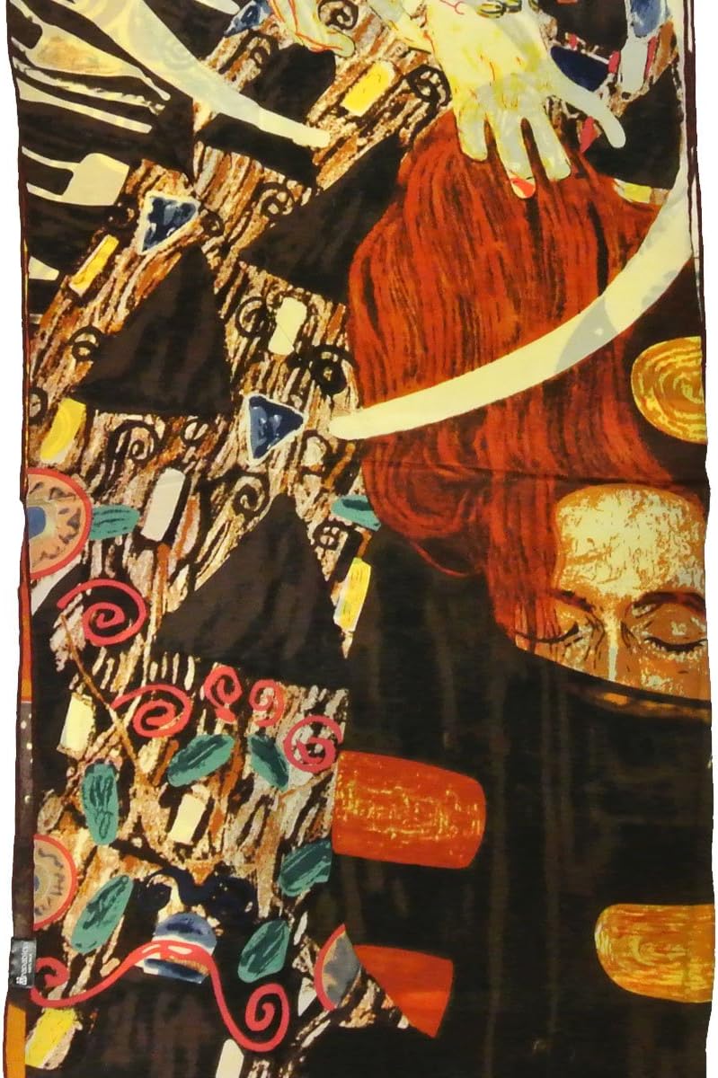 allydrew Luxurious 100% Charmeuse Silk Long Scarf with Hand Rolled Edges, Gustav Klimt's Judith II