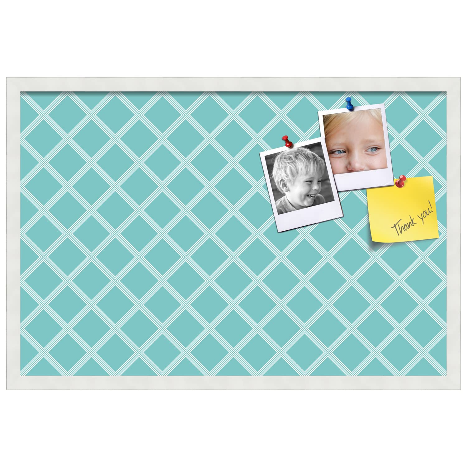 PinPix pin Cork Bulletin Board Made from Canvas, Diamond Modern Pattern Aqua White 30x20 Inches (Completed Size) and Framed in Satin White Frame (PinPix-Group-87)