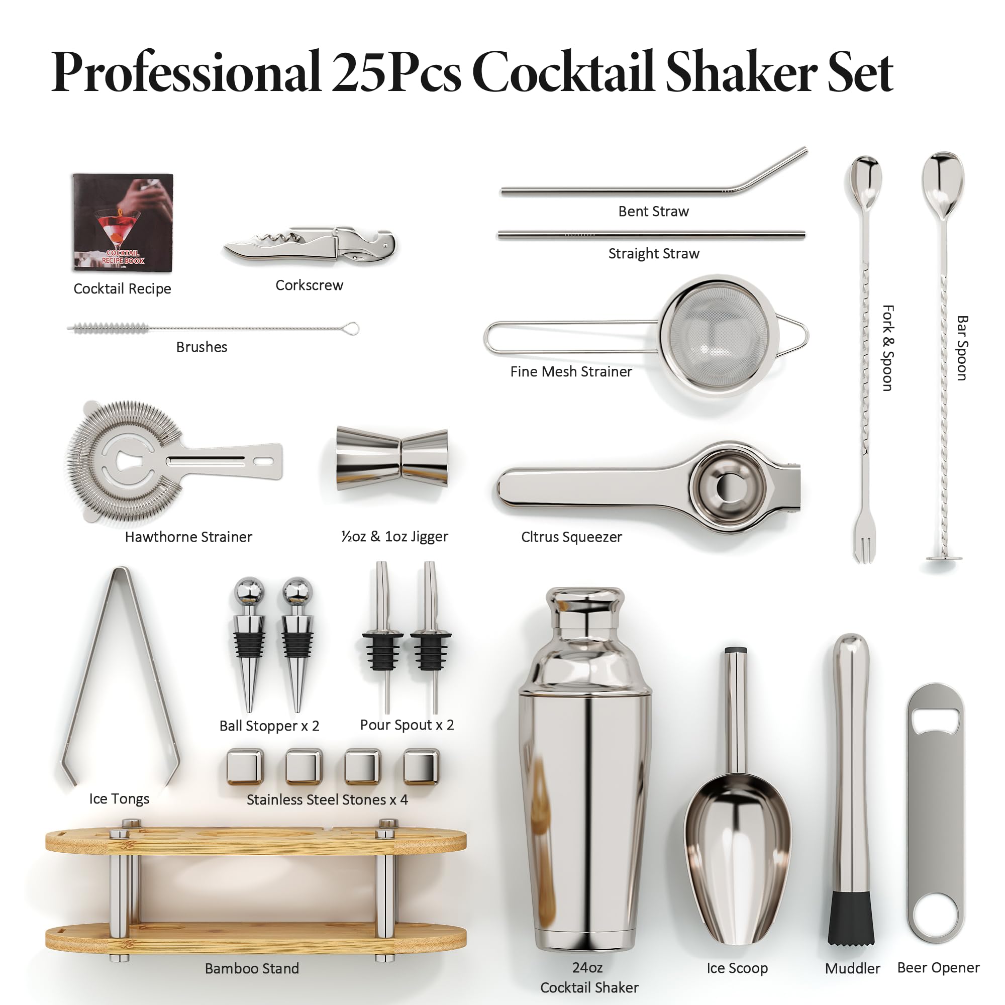 Kit de Coctelera 25 Piezas, Shaker Boston 700ml de Doble Pared en Acero Inoxidable 304, Set de Barman Completo con Soporte de Bambú, Recetas y Accesorios para Mezclar Bebidas y Regalar