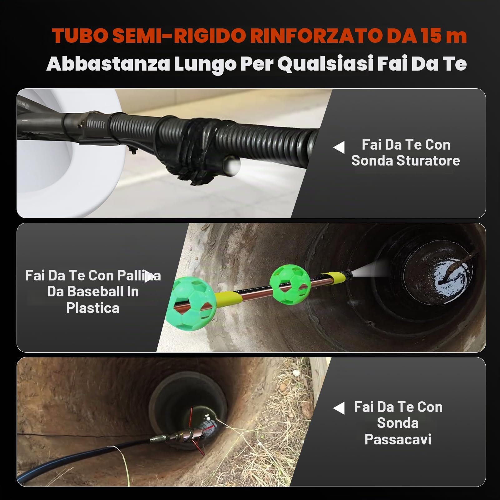 Telecamera Endoscopica Tripla Lente 15m, HD 1080P 5.0 Pollici Endoscopio Industriale con 8 Più 2 Luci LED, Fotocamera serpente da 8 mm, IP67 Impermeabile Telecamera per fognatura, 32G