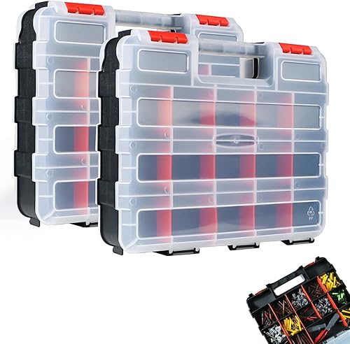 AMM Caja de herramientas, organizador de herramientas de doble cara con 34 compartimentos, divisores extraíbles, caja de aparejos pequeños,