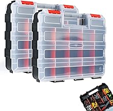 AMM Tool Box, Double Side Tool Box Organizer with 34 Compartments, Removable Dividers, Tackle Box Small Parts Screw Hardware Organizer for Screws, Nuts, Nails and Bolts (2 Piece, Red)