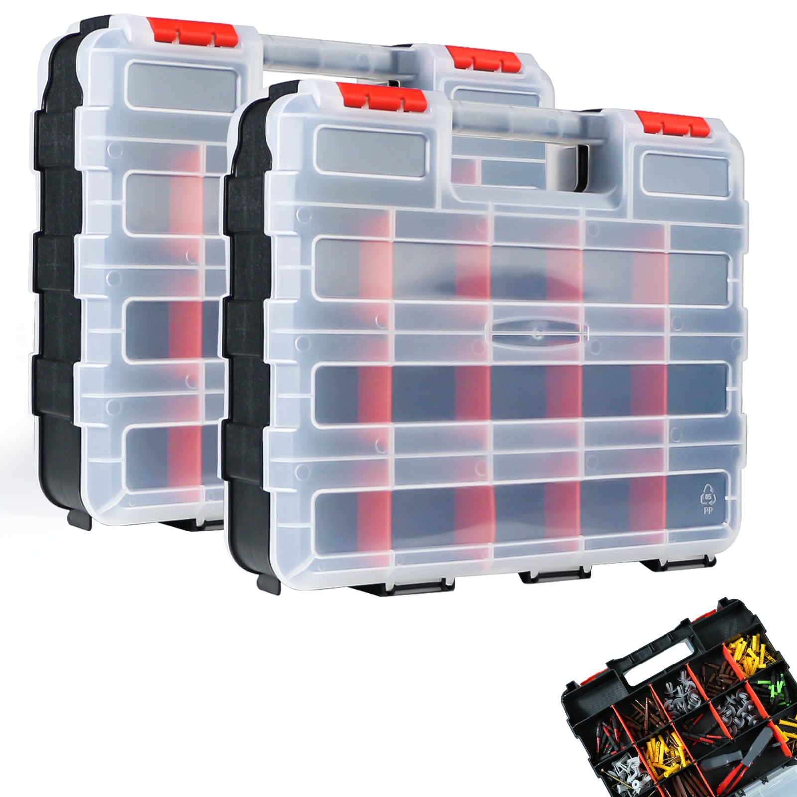 AMM Tool Box, Double Side Tool Box Organizer with 34 Compartments, Removable Dividers, Tackle Box Small Parts Screw Hardware Organizer for Screws,