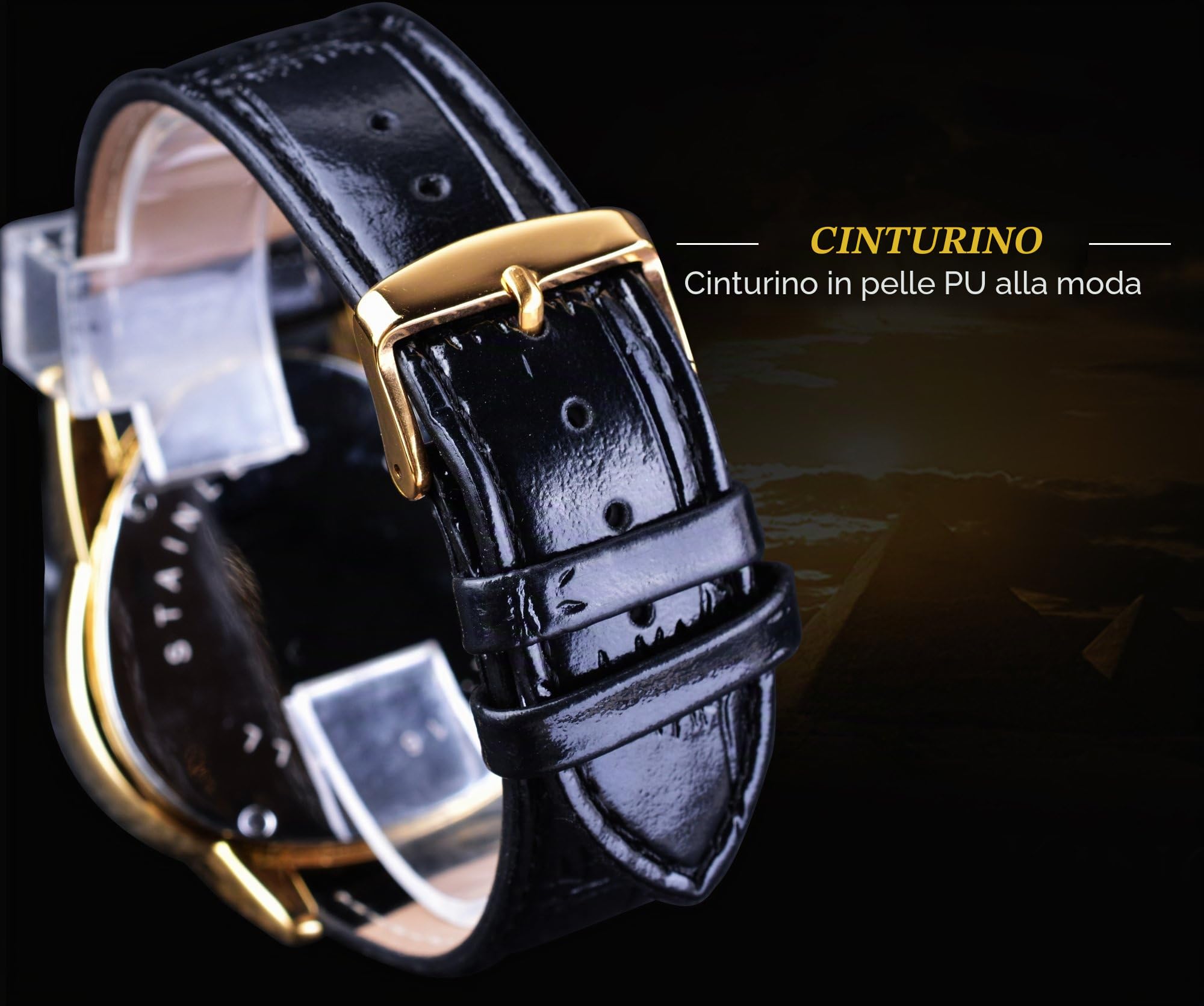 Winner - Orologio da polso meccanico a triangolo, alla moda, impermeabile, quadrante scheletrato dorato, movimento automatico, design in pelle, orologio meccanico da uomo