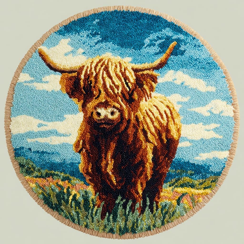 WallustrioaW Round Latch Hook Rug Kits, Highland Cattle 50X50Cm Home Carpet Rug Making Canvas Kits, DIY Crochet Kit Needlework Crafts, Latch Hook Kit for Beginners Adults