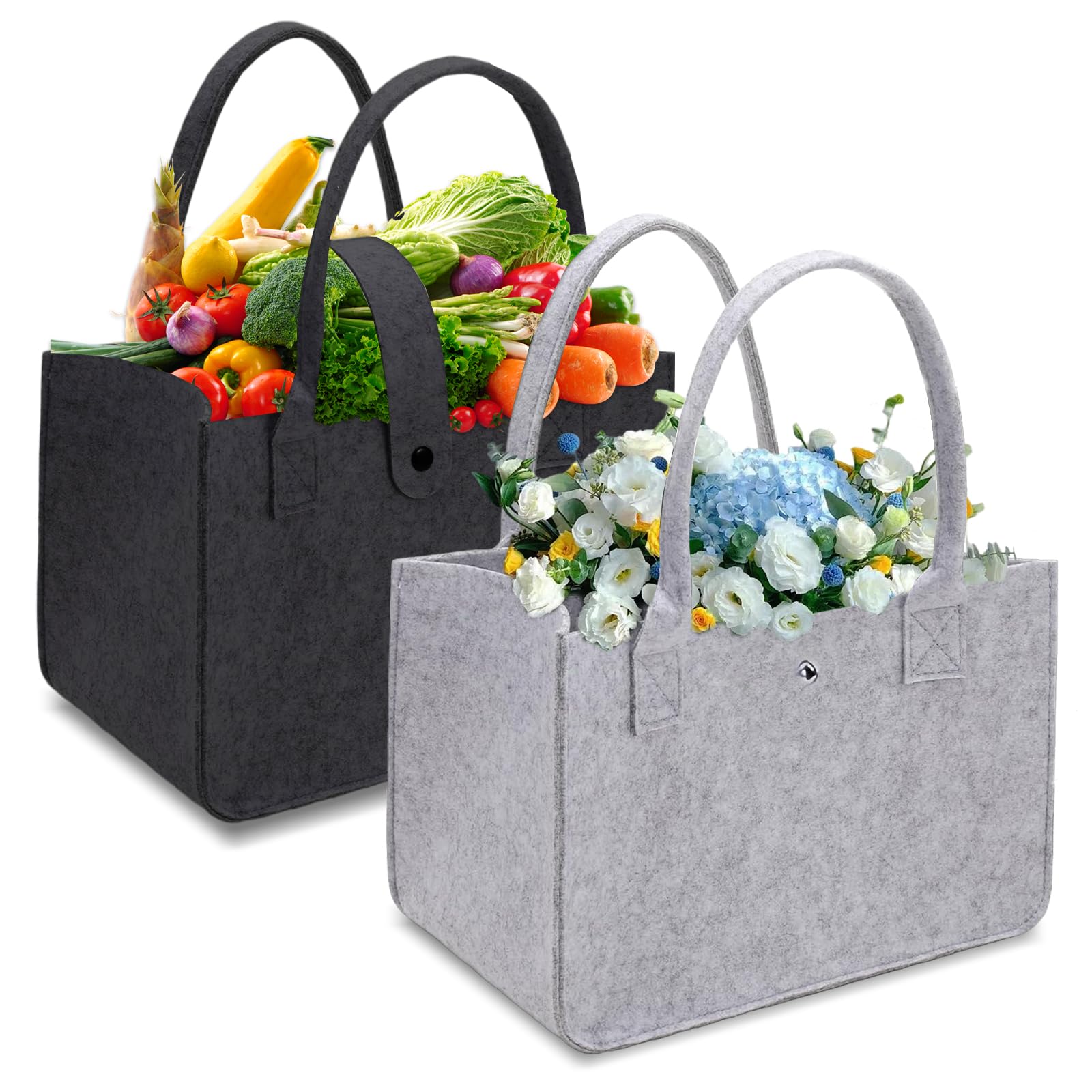Vilten tas boodschappentas, set van 2 vilten tassen, opvouwbare vilten tassen shopper, vilten tas voor winkelen, reizen, werken, picknicken, 30 x 20 x 18 cm