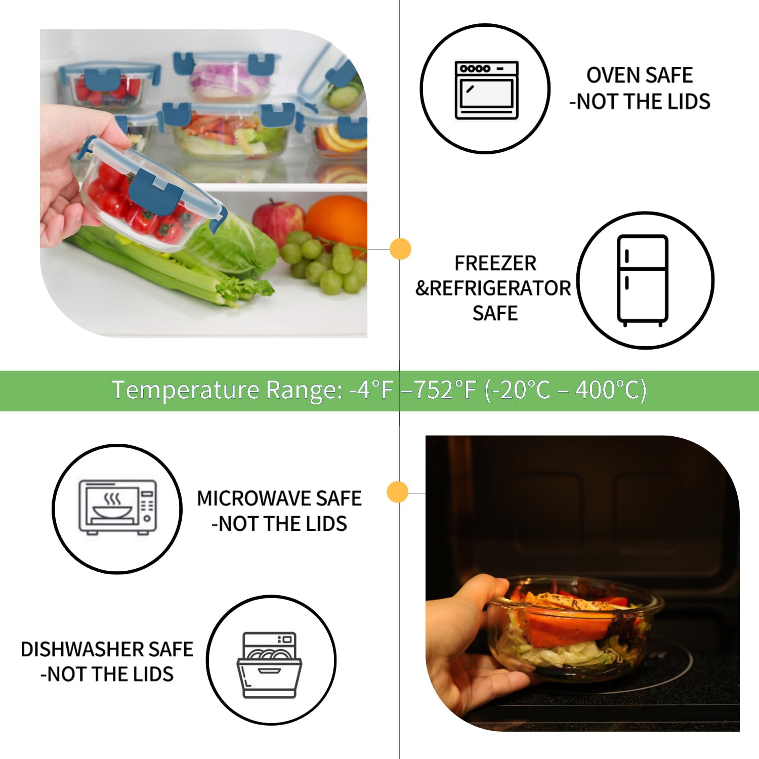 HOMBERKING Contenitori per alimenti in vetro con coperchio, [18 pezzi], contenitori ermetici per la preparazione dei pasti, contenitori ermetici per il pranzo, senza BPA e a prova di perdite (9