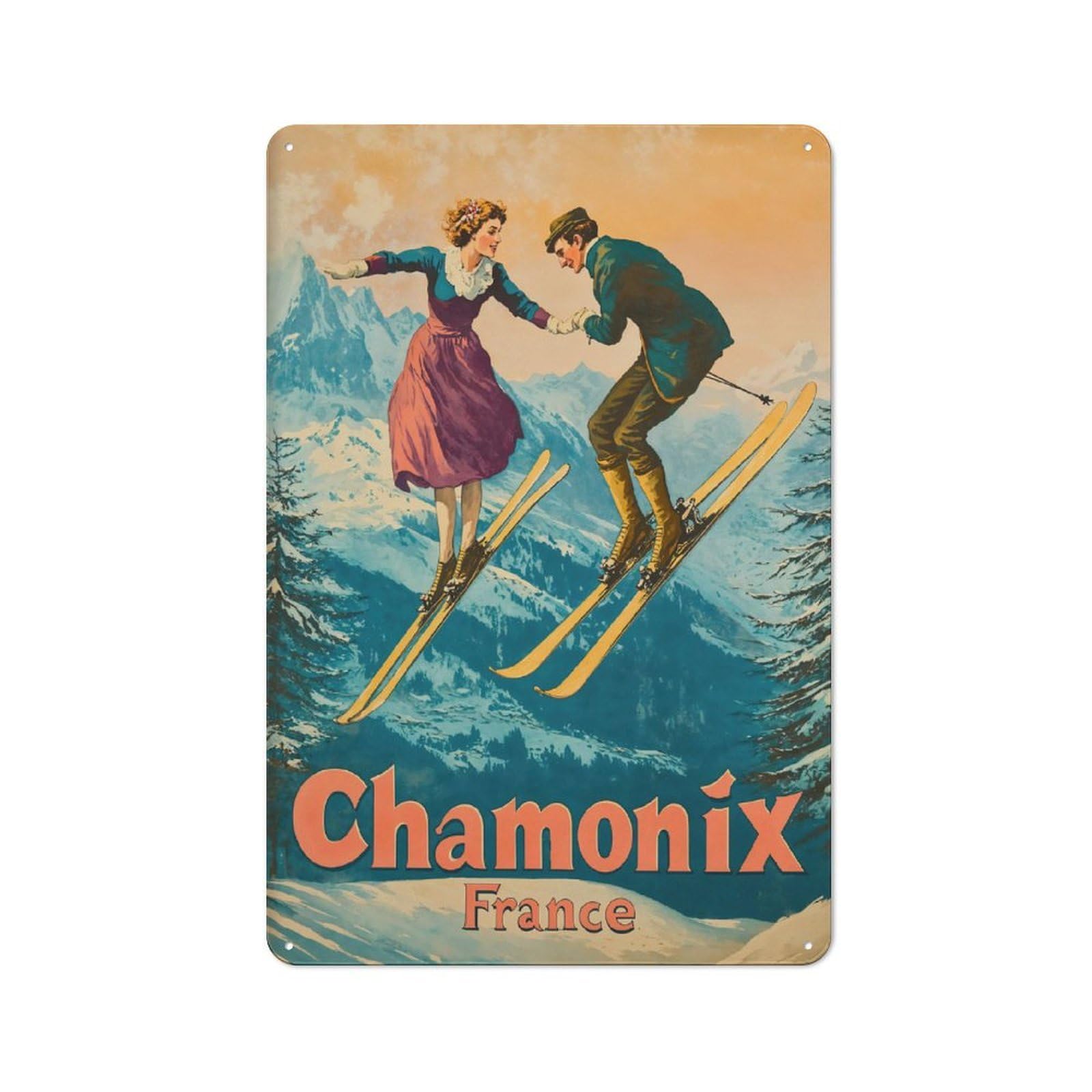 Junmoney Style-11 Tin Wall Plaque 30X20cm With Vintage Chamonix Ski France For Pub Or Café, For Hospitality Wall Decor Collectors