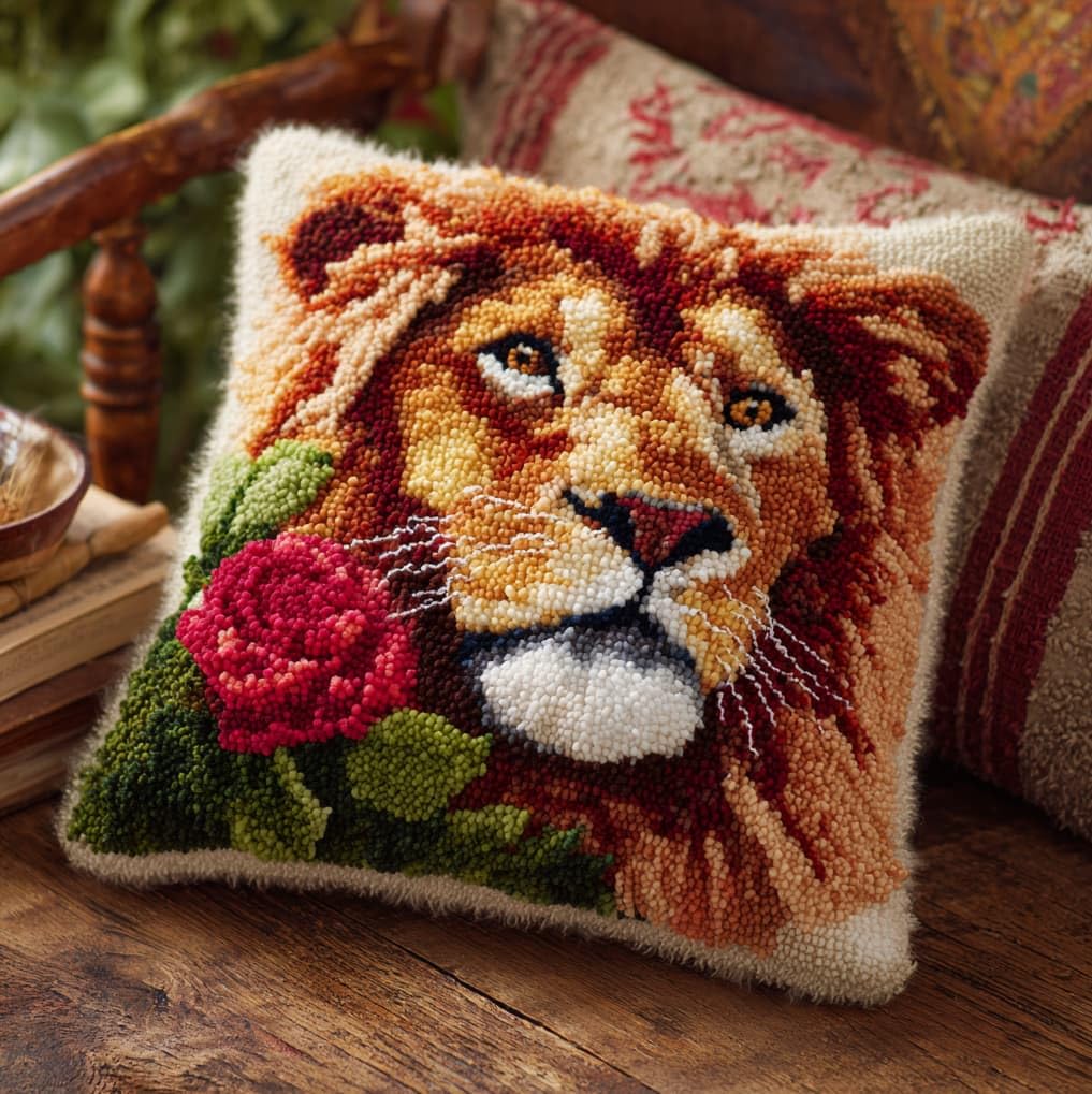 AxiangziK Latch Hook Rug Cushion Kit 43x43cm,Lion and Flower