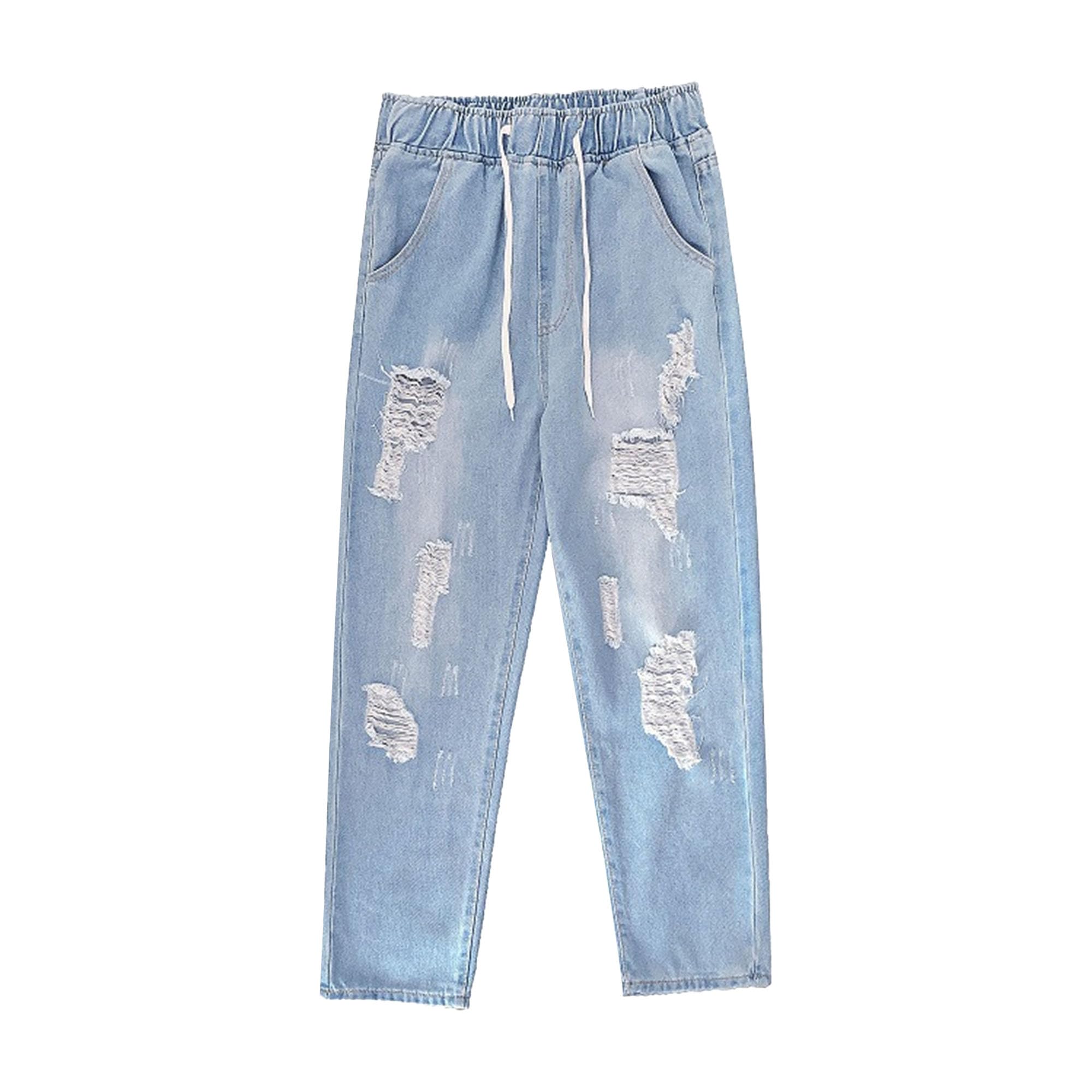 Men's Regular Fit Straight Leg Jeans Mens Casual Elastic Waist Denim Pants Drawstring Lightweight Carpenter Jean (Blue,3X-Large)