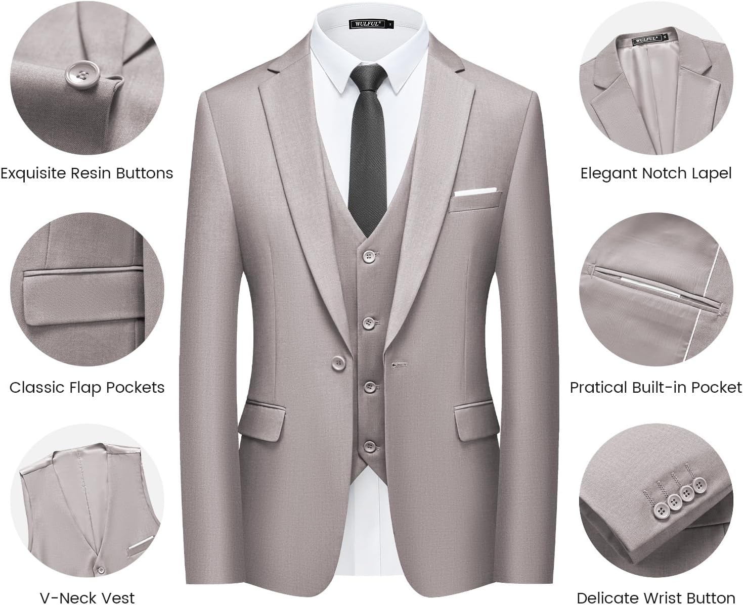 WULFUL Men’s Slim Fit Suit One Button 3-Piece Blazer Dress Business Wedding... - Picture 149 of 257