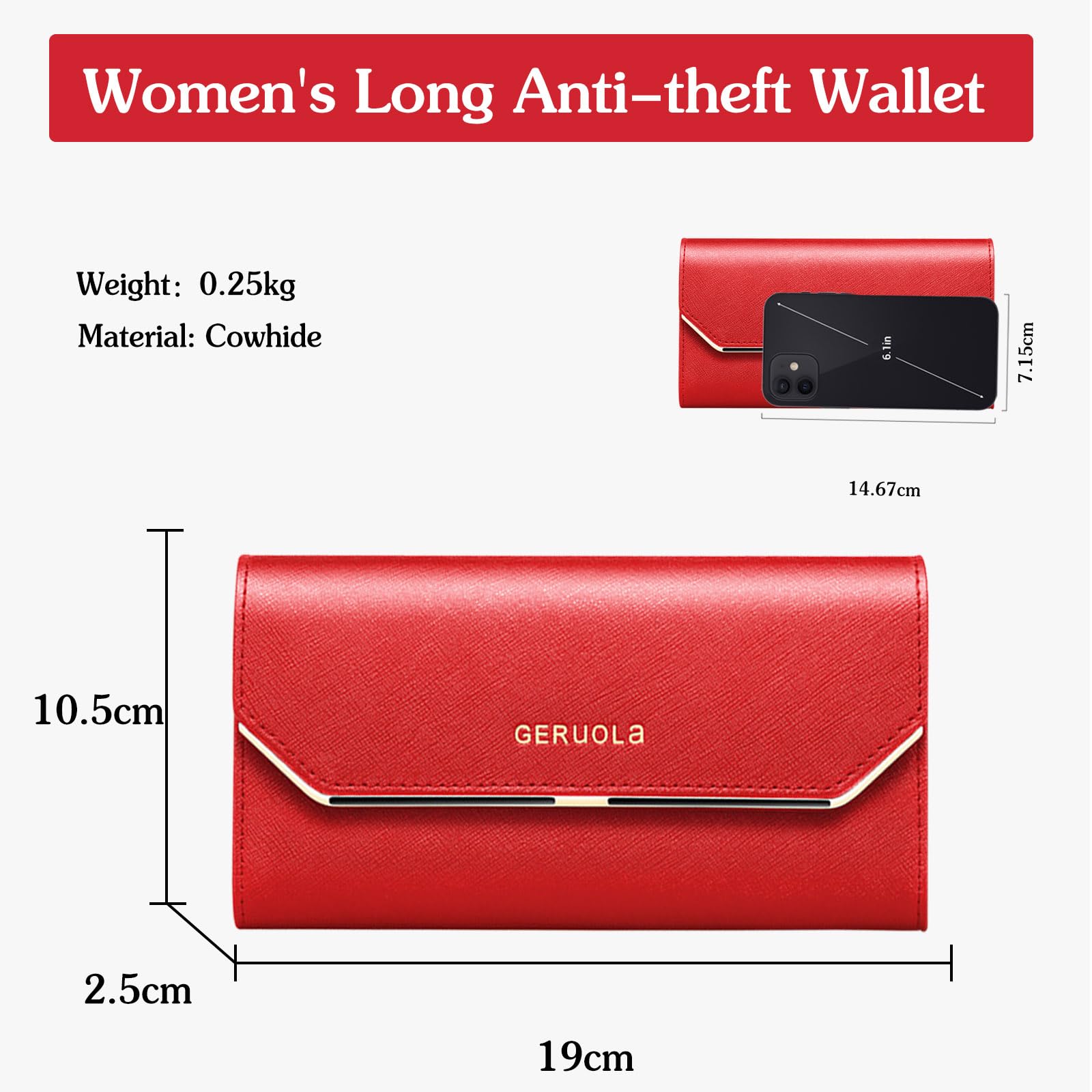 Cartera Mujer Monedero Gran Piel Auténtica Billetero RFID Bloqueo Larga Wallet Rojo