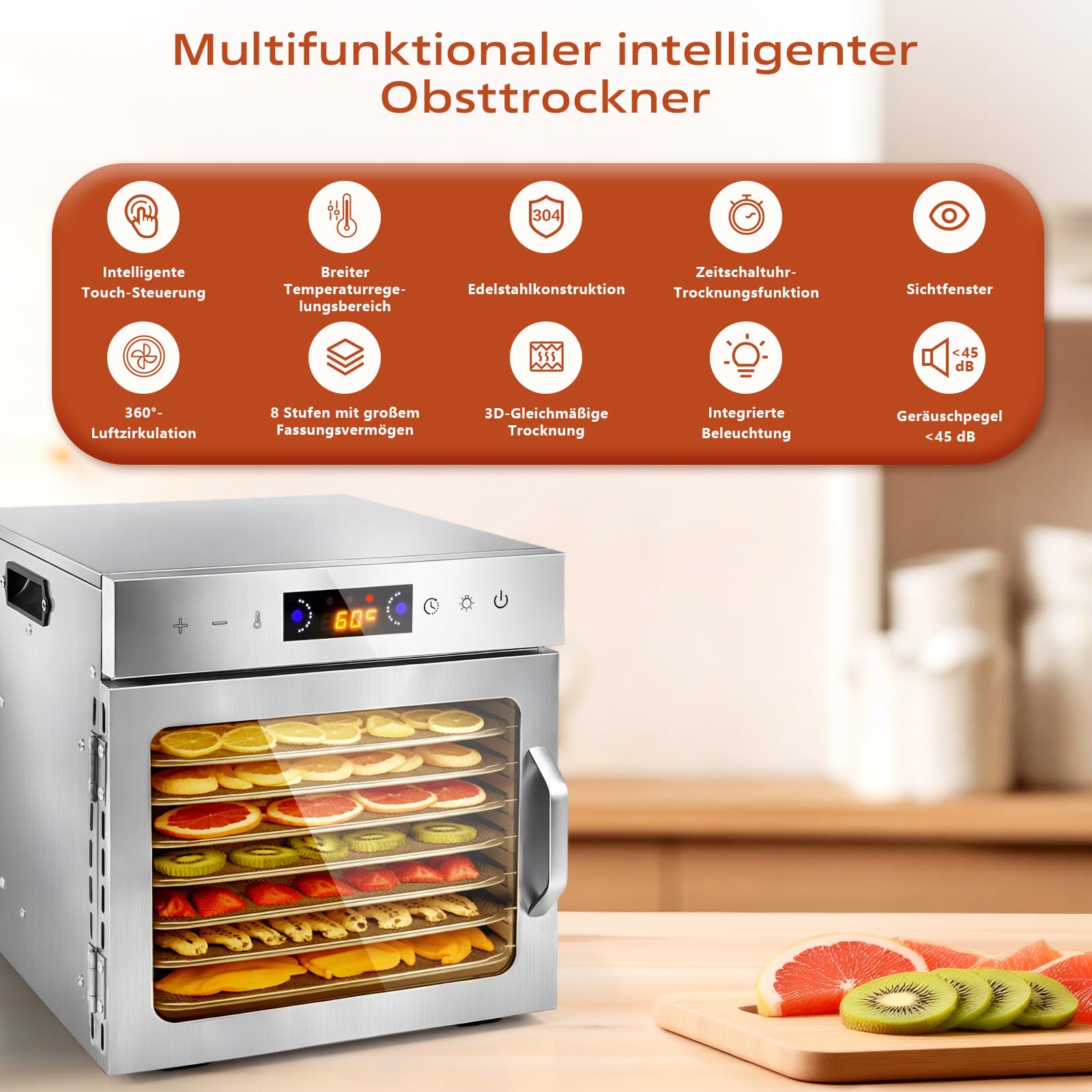 Dörrautomat Edelstahl mit 8 Stainless Steel Grids und 8 er Dörrfolie, BPA-frei, Einstellbare Temperatur von 35–90°C, Für Obst, Gemüse, Fleisch und Kräuter, Inklusive Rezeptbuch