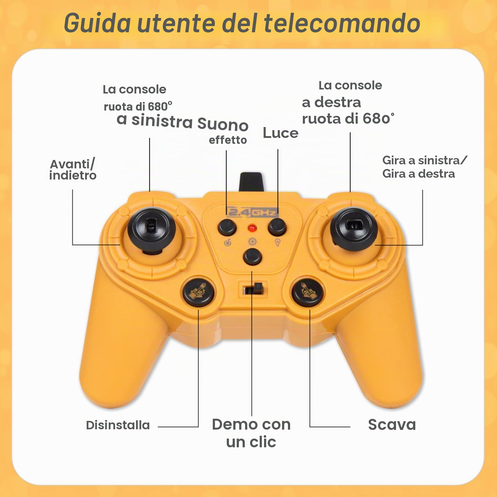 Giocattoli Escavatore Telecomandato per Bambini, 2 in 1 RC Scavatore Trattore con Bulldozer, 2.4Ghz Veicoli da Costruzione Giocattoli Auto con Luci e Musica per Bambini 3 4 5 6 7 8-12 Anni