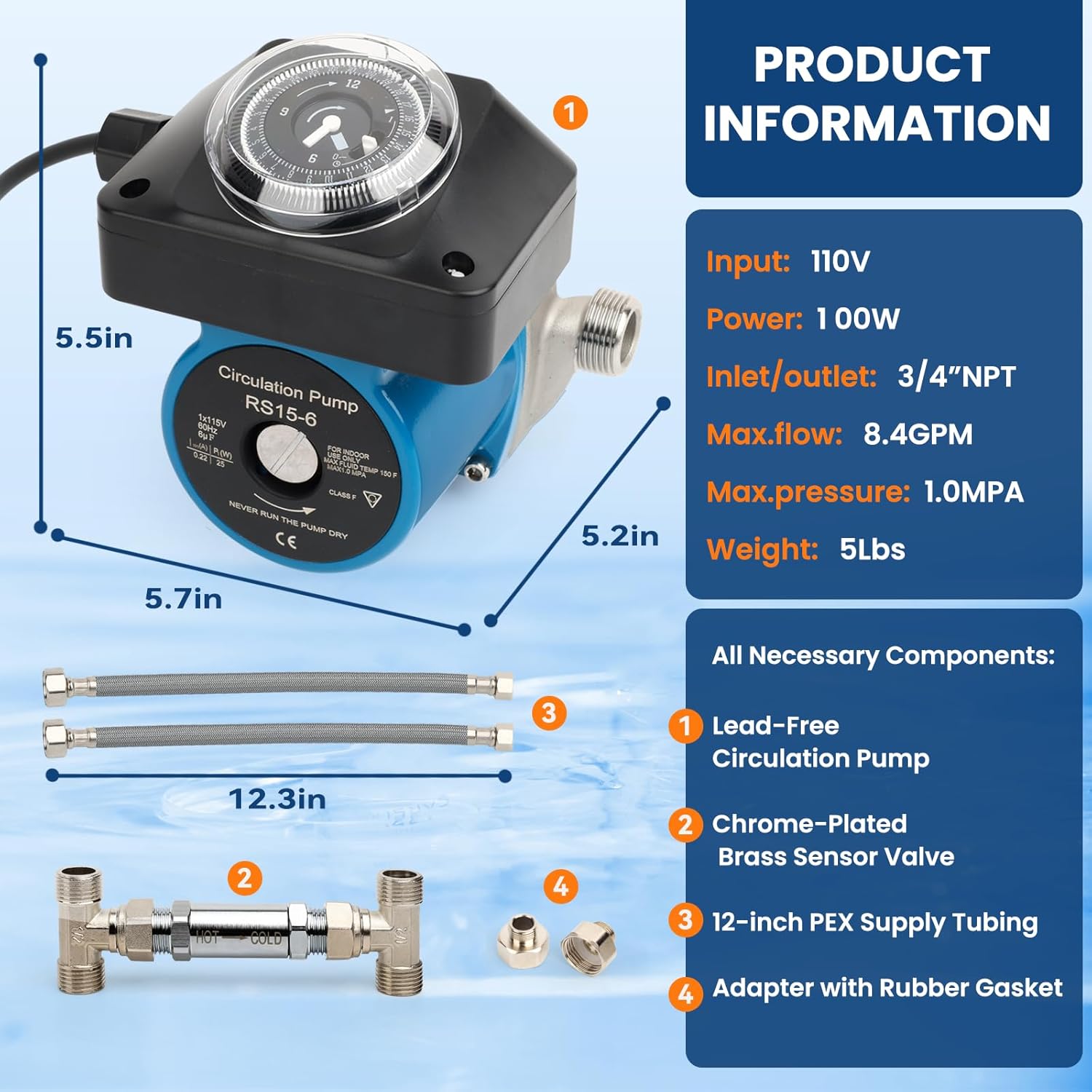 Hot Water Recirculating Pump with Timer Recirculation System & Sensor Valve Durable Chromed Brass Valve Kit for Tank Water Heaters, Instant Hot Water Directly Replace 595916, 095580