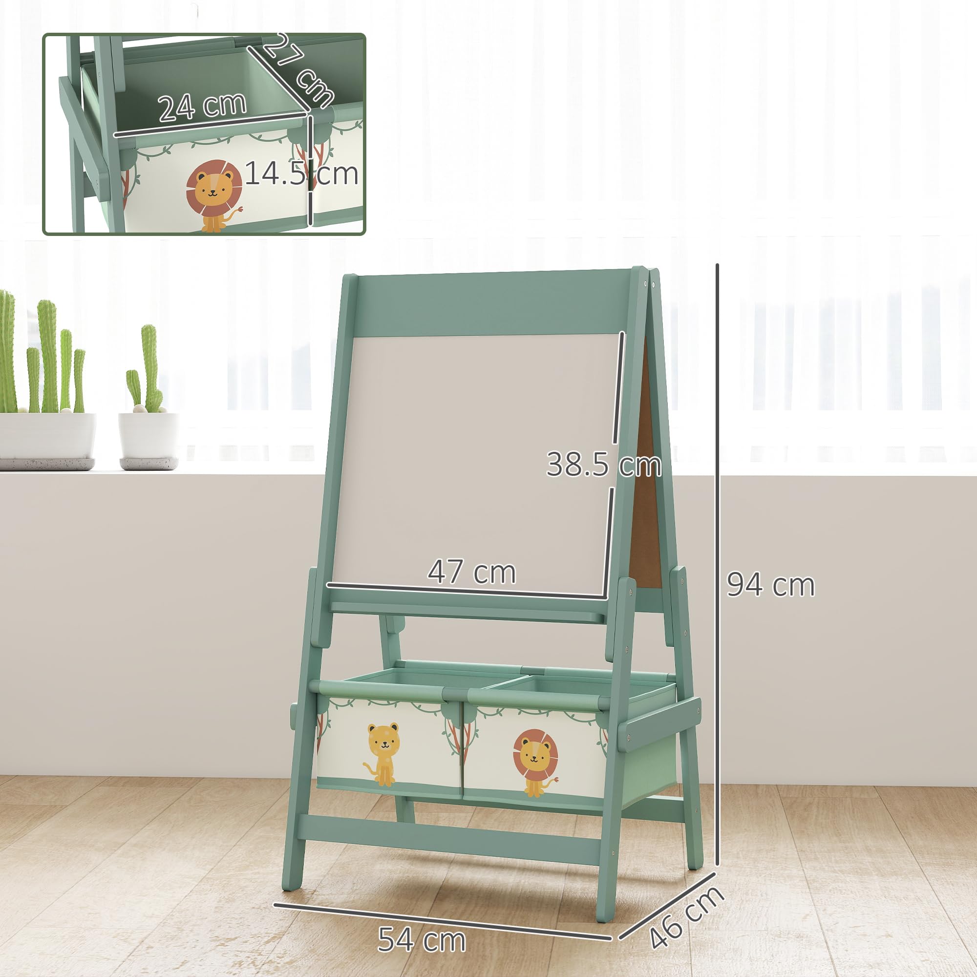 AIYAPLAY Lavagna per Bambini 3 in 1 con Rotolo di Carta e 2 Cestelli Portaoggetti, Lavagna con Cavalletto in Legno di Pino e MDF, 54x46x94 cm, Verde