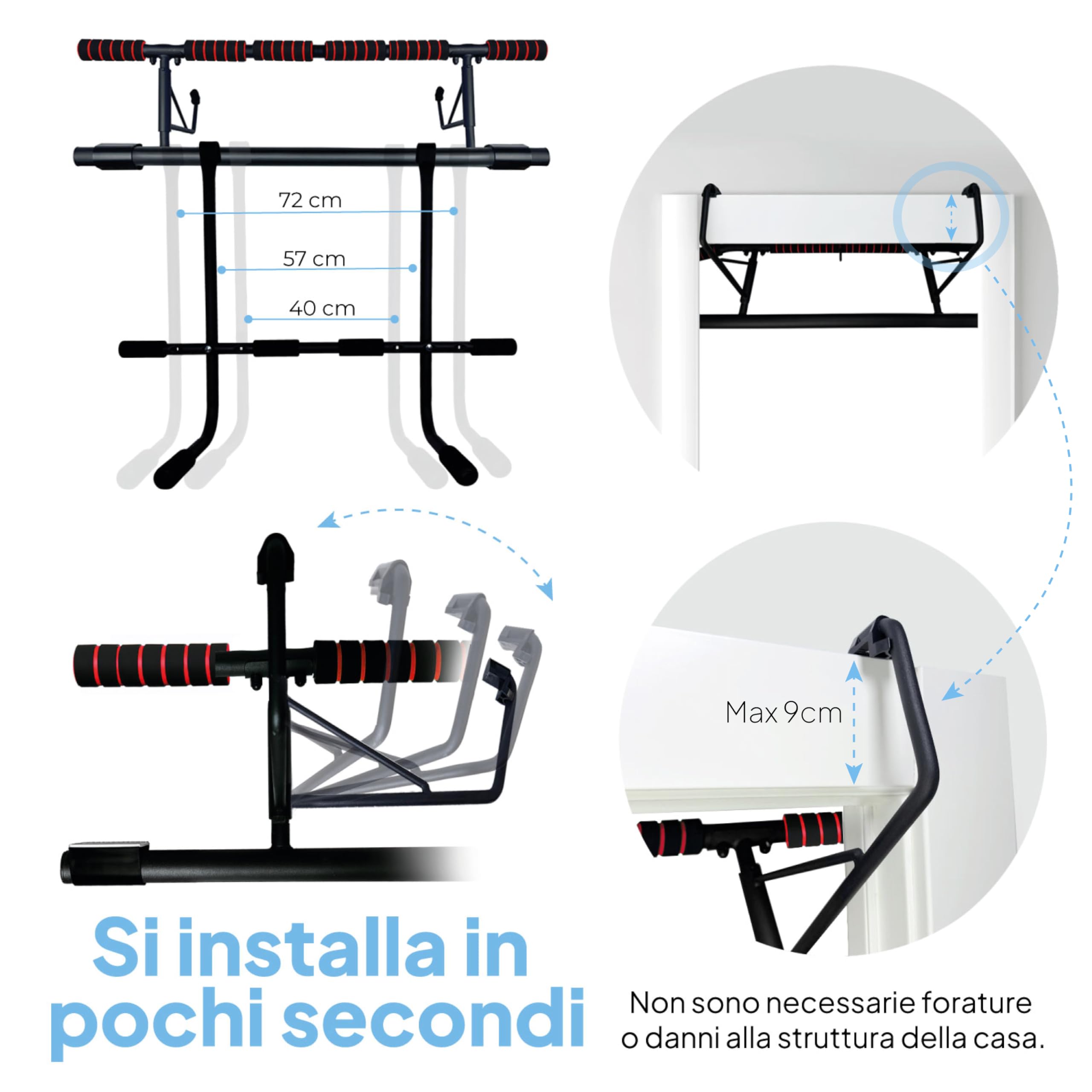 OcioDual sBarra per Trazioni con Stazione Dip e Cinghie di Sospensione, Barra per Trazioni da Porta Maniglie Elastiche e Antiscivolo in Schiuma, Pull Up Bar Door, Dips