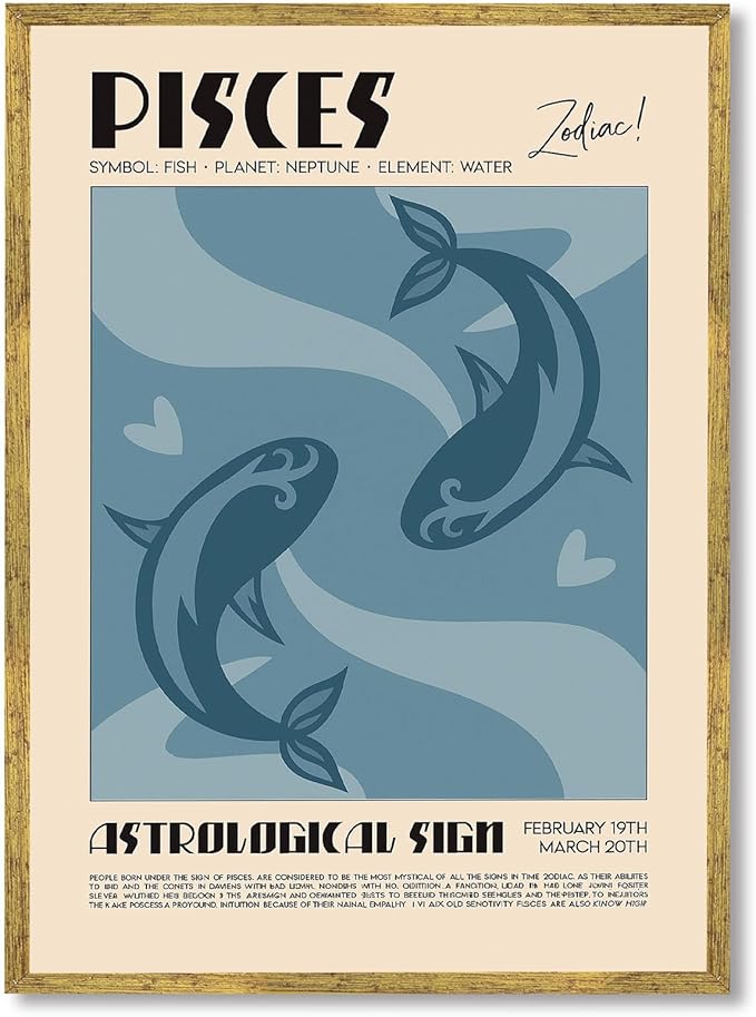 Pisces Zodiac Sign Canvas Print Art Print Vintage Wall Art Painting Cute Astrological Pictures Trendy Home Decor Wall Decoration for Living Room Bedroom (Wood Framed,12L x 16W)