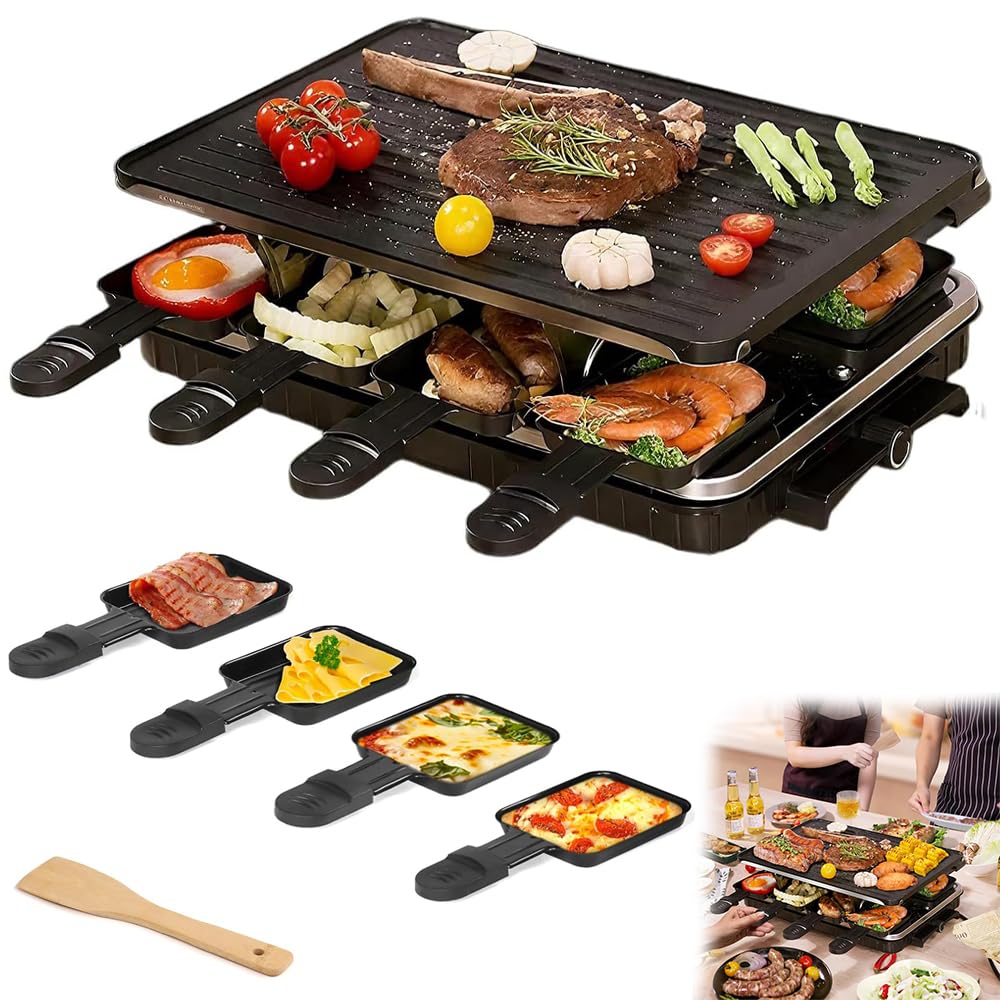 2-in-1 Raclette Grill and Electric Griddle - Indoor Smokeless 1300W Grill with Reversible Nonstick Plate, 8 Raclette Cheese Pans, Adjustable Temperature Control for Family Dining