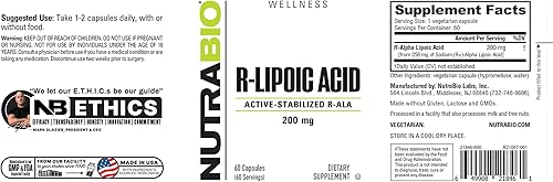 Miniatura 3 de NutraBio Suplemento de ácido R-lipoico, 200 mg - Suplemento R-ALA estabilizado activo- Fórmula optimizada de ácido alfa lipoico para una mejor