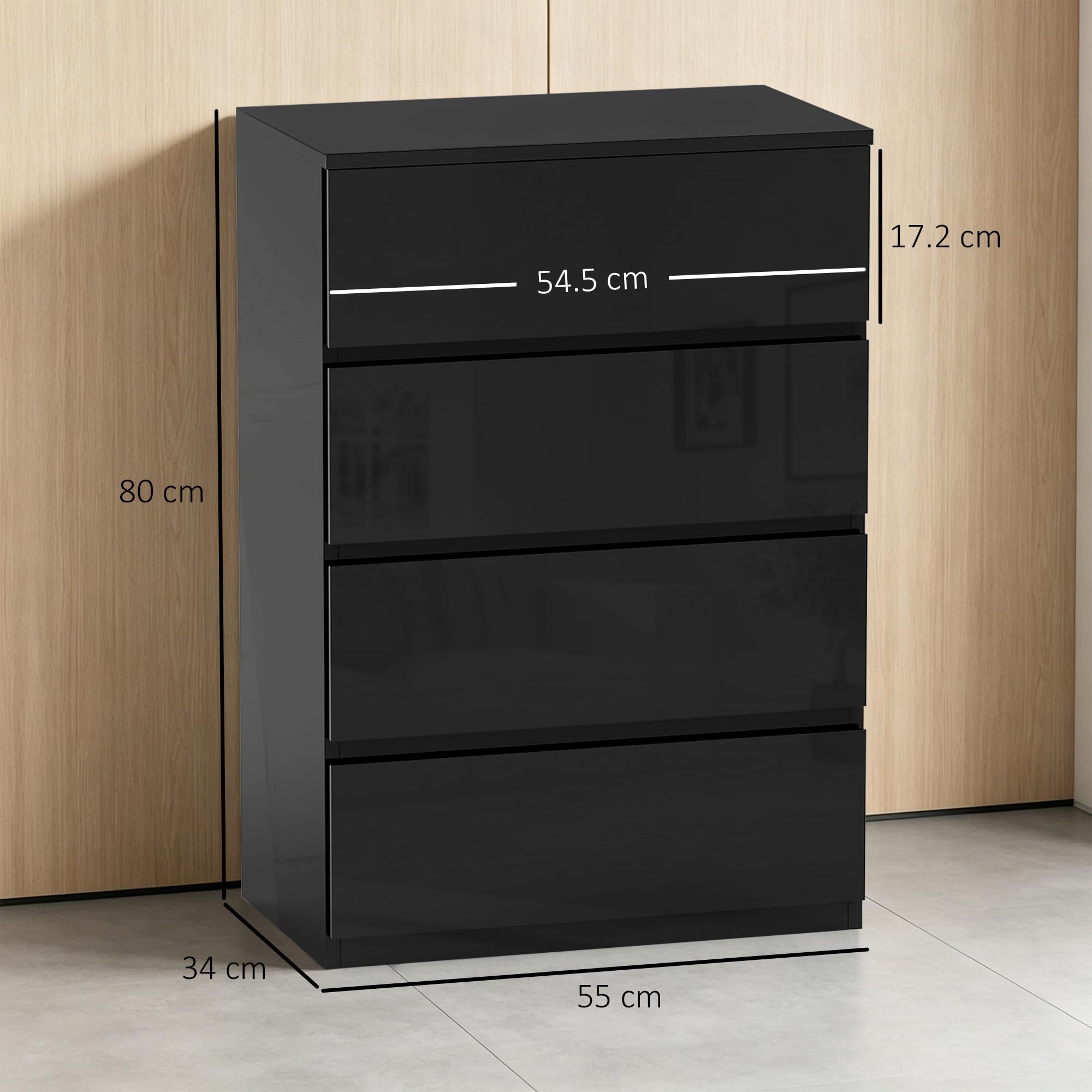 HOMCOM Cassettiera 4 Cassetti per Camera da Letto 55x34x80 cm Nero Lucido