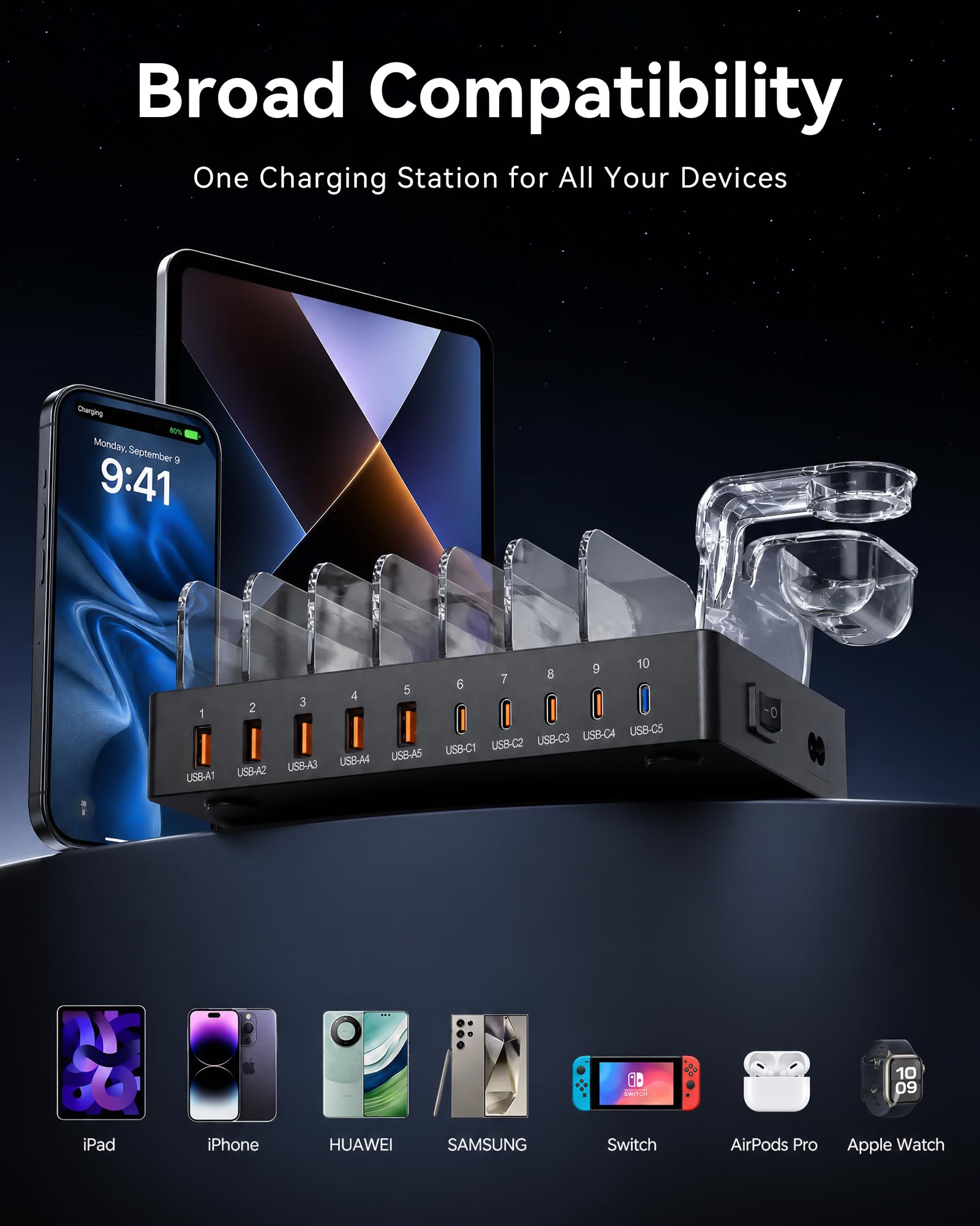 Station de Charge USB C à 10 Ports 140 W pour Plusieurs appareils