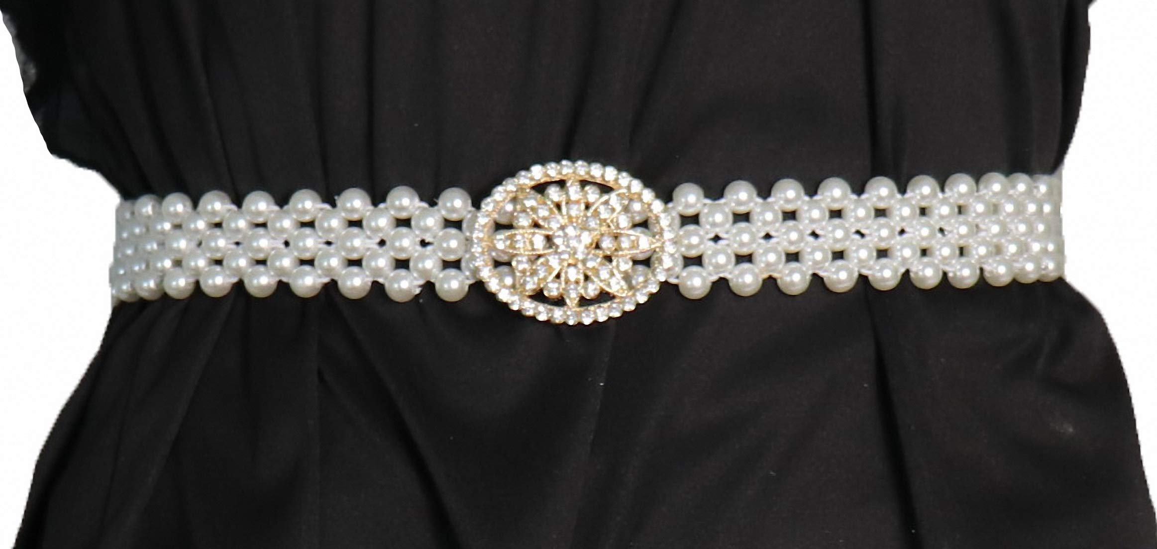 Ulalaza Women's El13-30 Stretch Pearl Belt,Rhinestones Interlocking Buckle Dress Elastic Waist Belts For Party Dress And Wedding Dresses Sash (El13-30)