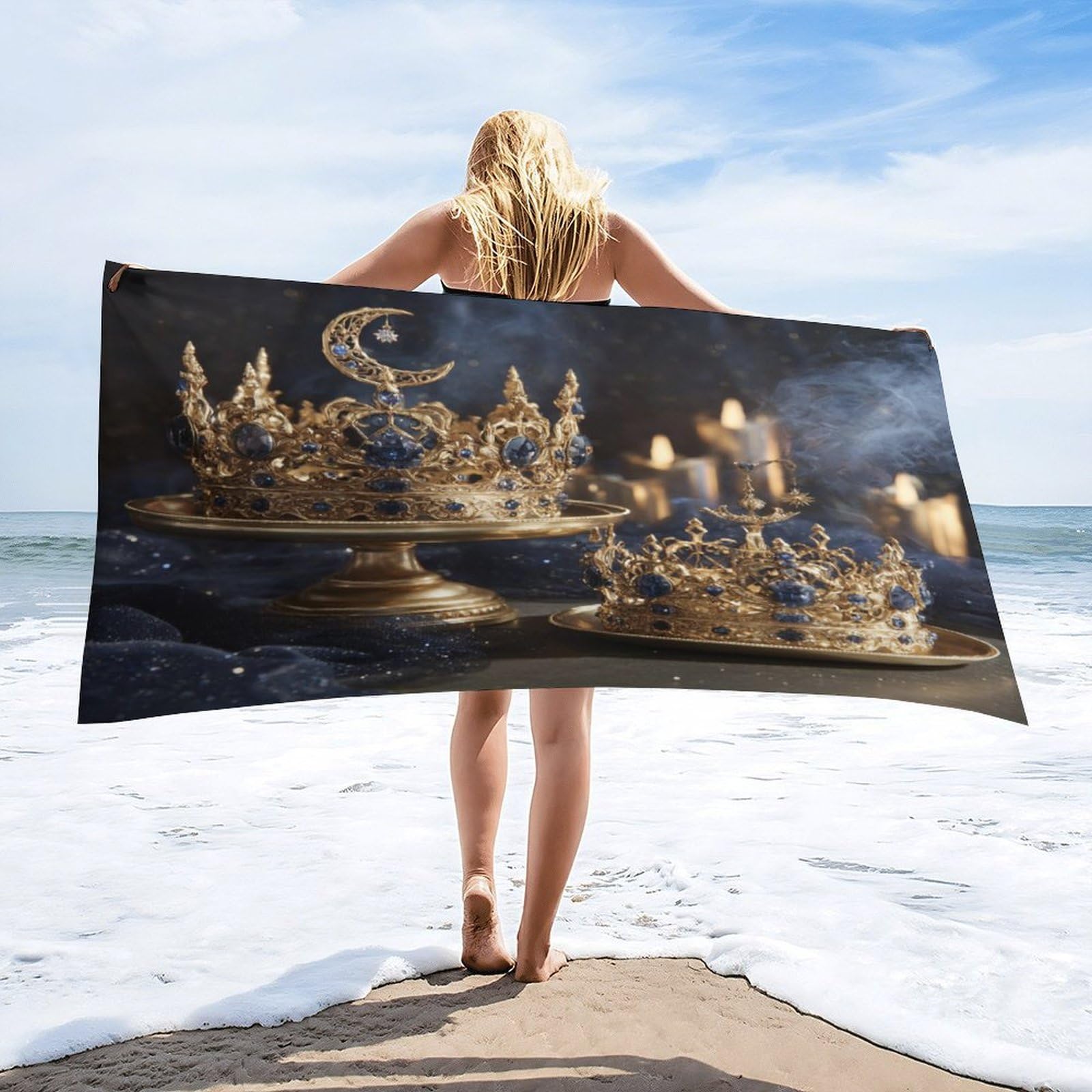 Luyysky Fantasy Elegant Crystal Crown Quick-Drying Beach Towel, Mid Century Luxury Sun Moon Crown Couple Pattern Travel Vacation Single Sided Pile Bathroom Towels-80 W Cm X 160" L Cm