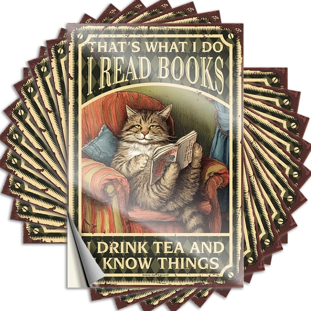 Sticker Helmet Assorted Cat Kitty I Read A Book and Drink Tea for Bike - Porch Decorations Easy Peel Removable(8X12CM)