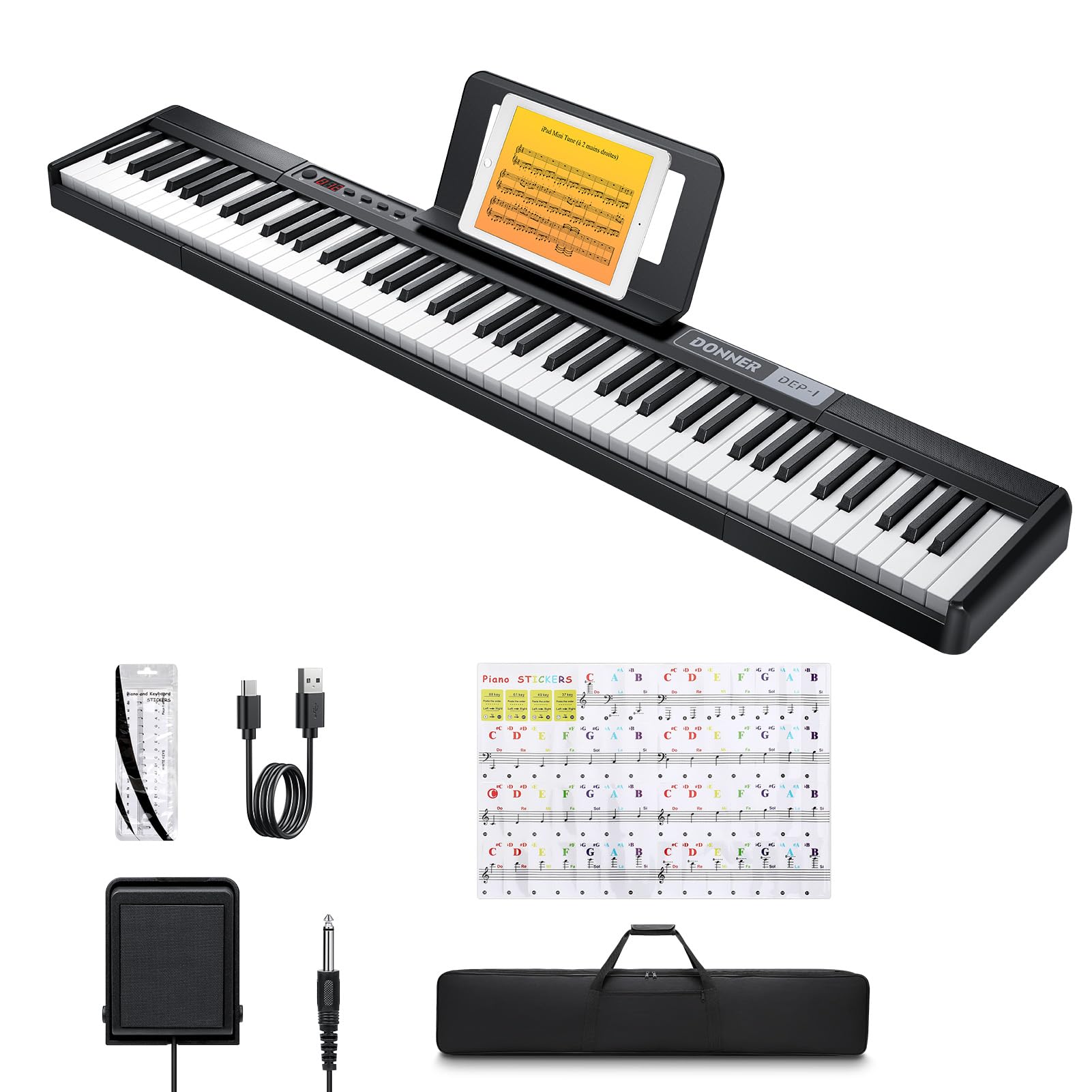Donner DEP-1 Piano Keyboard 88 Keys, Beginner Digital Keyboard Piano Velocity-Sensitive Keys, Portable Electric Piano with Sustain Pedal, Carrying Case and Keyboard Stickers