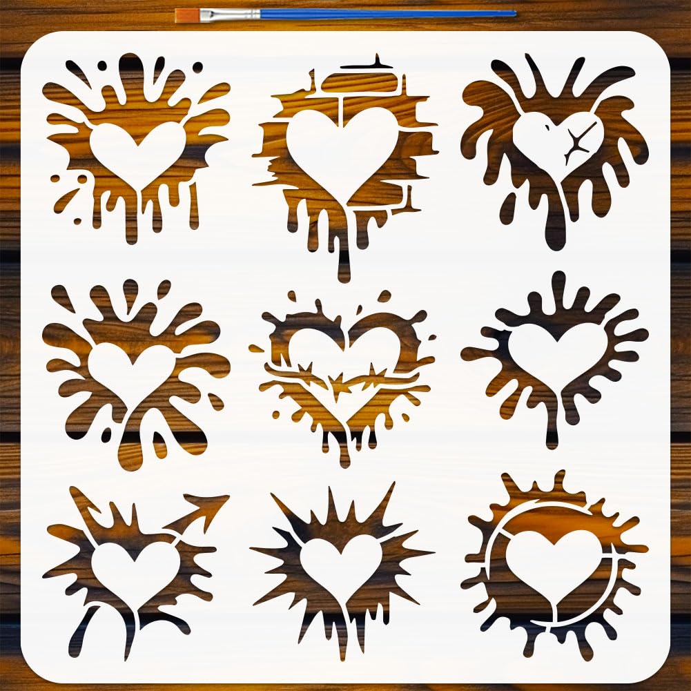 FINGERINSPIRE Graffiti Heart Pattern Stencils with a Brush 30x30cm Hearts Painting Stencils Love Heart PET Stencil Graffiti Themes Template for Painting on Wood Floor Tile Wall Furniture DIY