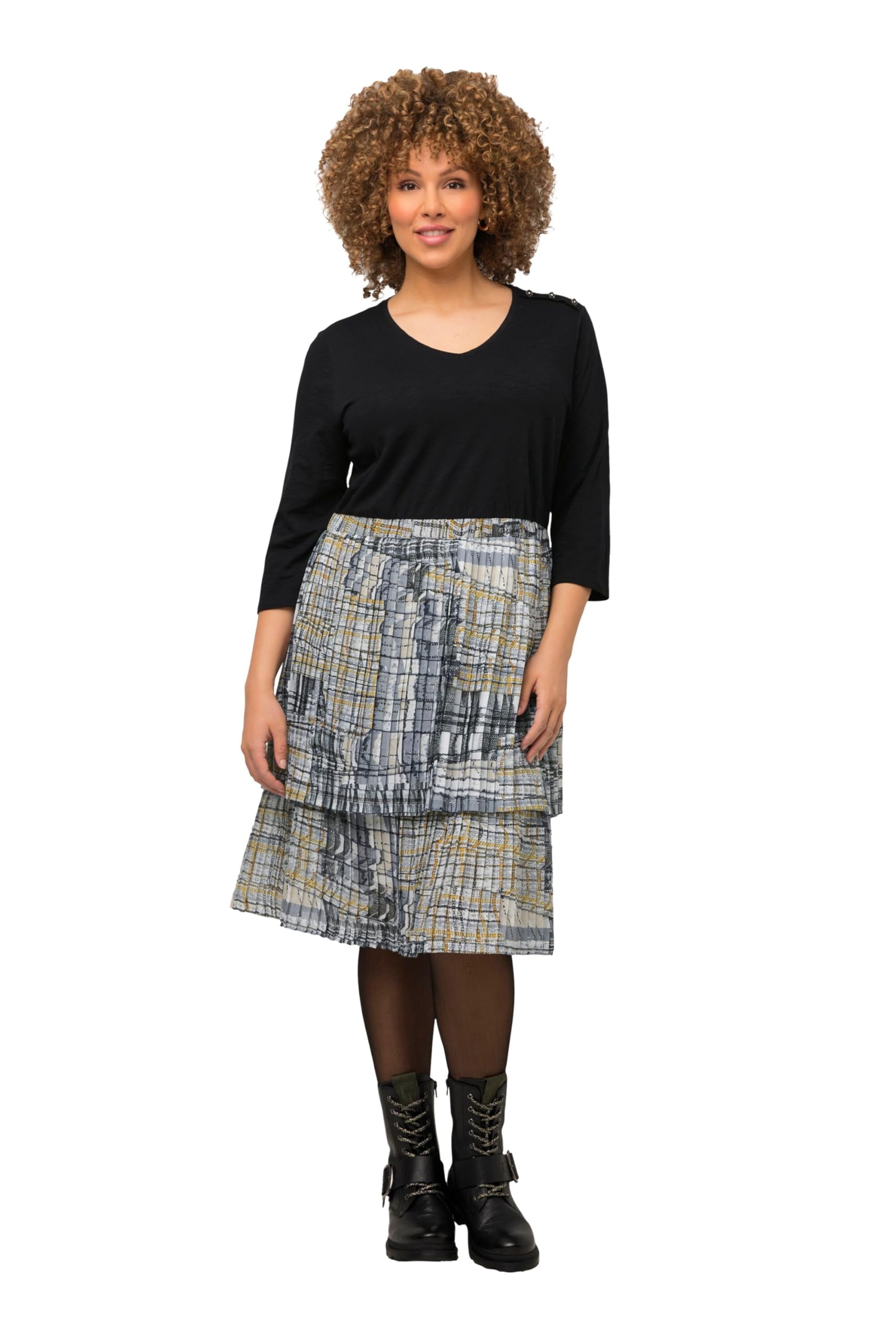 Ulla Popken Damen große Größen Übergrößen Plus Size Jerseykleid, Plisseerock, A-Linie, V-Ausschnitt, 3/4-Arm 821200