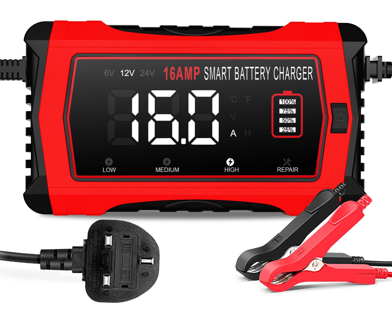 Caricabatterie LiFePO4 da 16 A, 12 V e 24 V, mantenitore intelligente per auto con 10 fasi e compensazione della temperatura