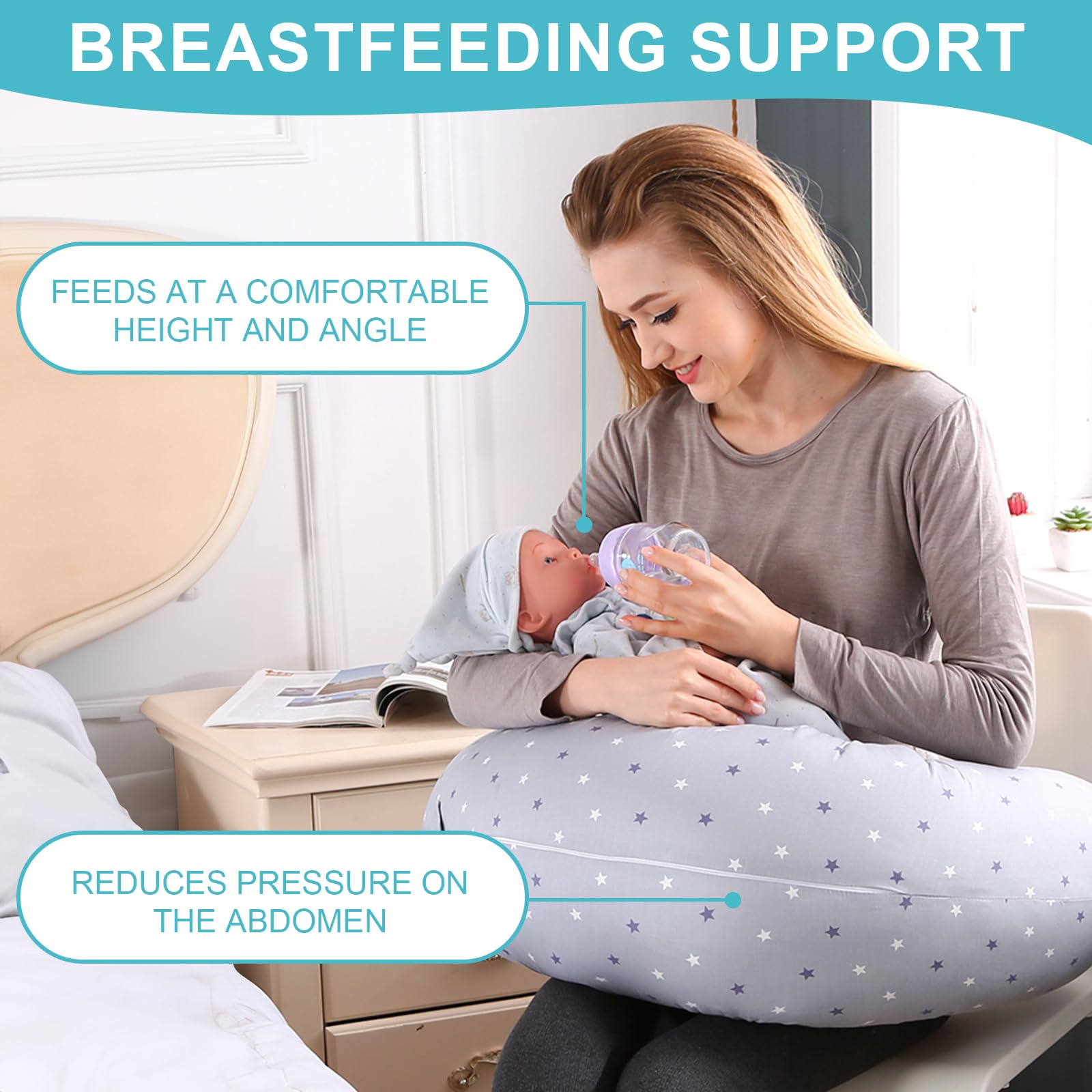 Lannvan Cuscino Allattamento e Gravidanza - Cuscino per Allattamento Neonato con Federa in 100% Cotone - Cuscino Gravidanza per dormire con Copertura Sfoderabile e Lavabile - Grigio