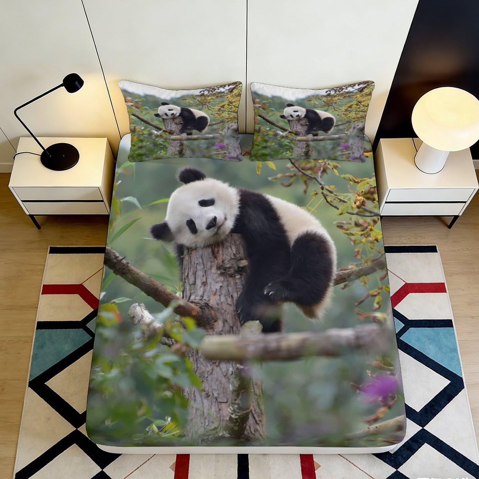 3D Printed Panda Tree Fitted Sheet Microfiber Anti-Slip Mattress Cover for Bedroom Dorm Guest Room Machine Washable 160x200x25cm