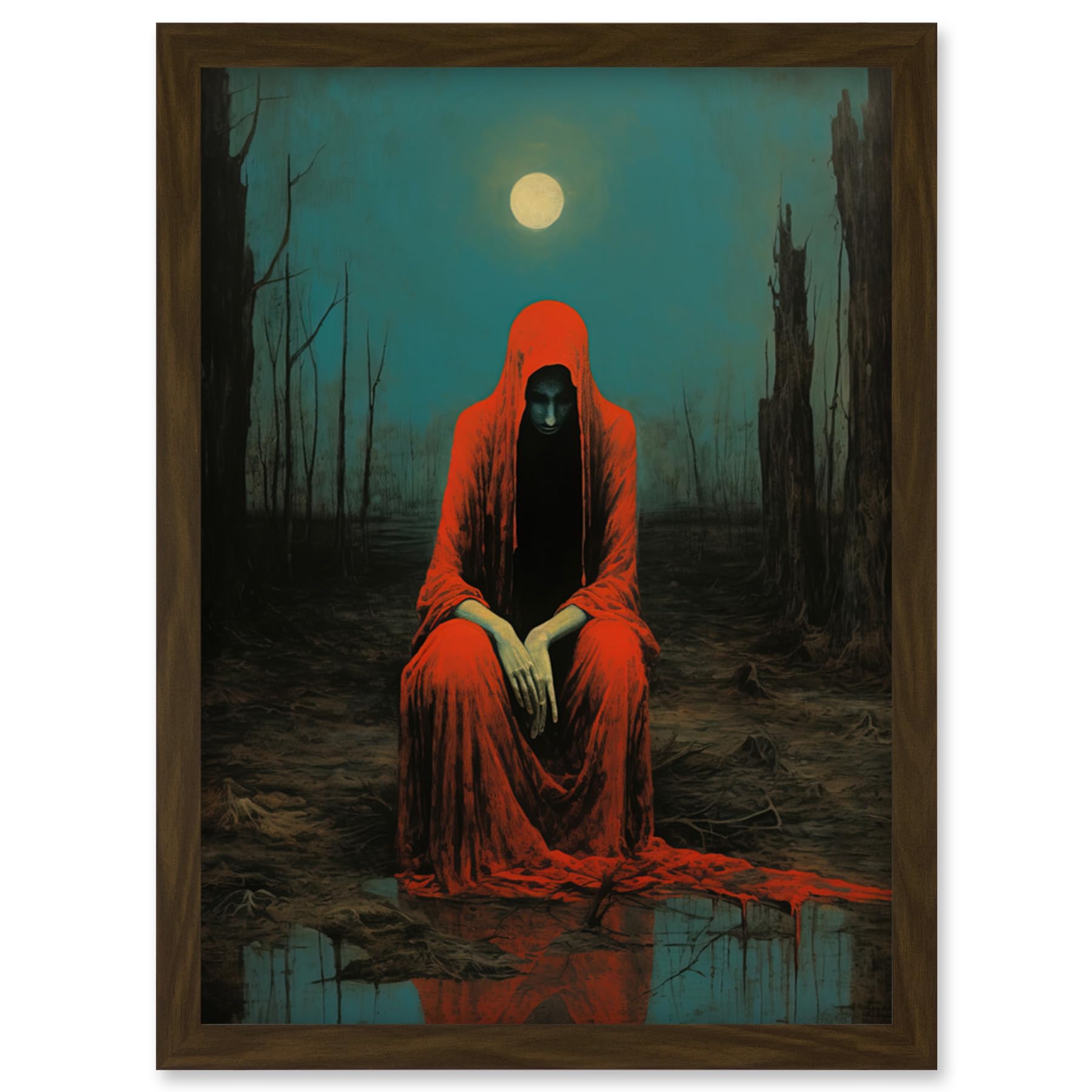 Artery8 Charon in Red Cloak Beksinski Inspired Conceptual Artwork Full Moon Barren Landscape Artwork Framed Wall Art Print A4