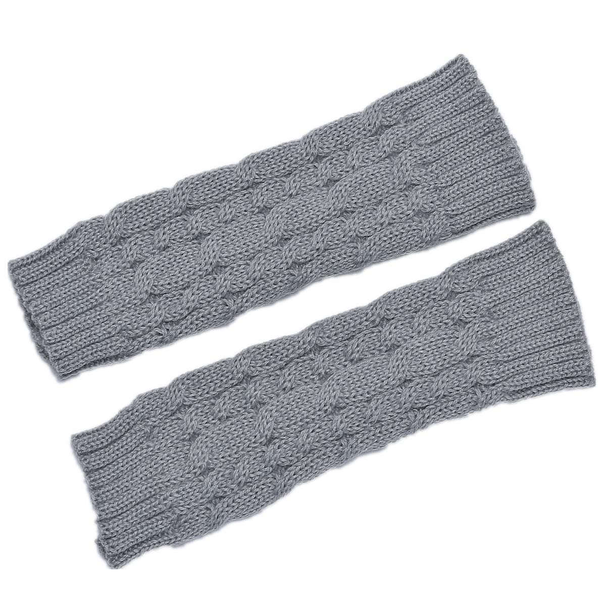 Acvip Women's Light Grey Twisted Cable Knit Arm Warmers Fingerless Gloves Thumb Hole Mittens (Light Grey)