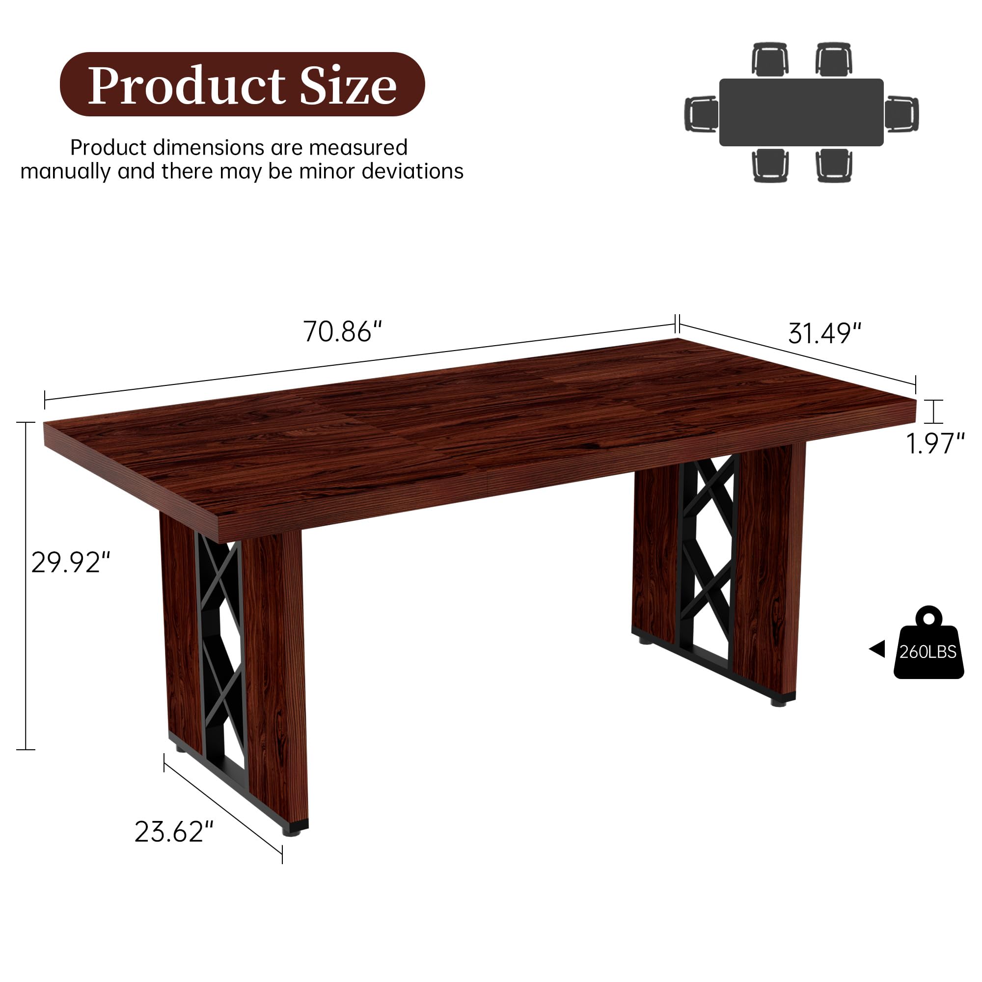 Esstisch im Landhausstil für 6 Personen, 180 cm großer rechteckiger Küchentisch mit robusten Metallbeinen, Moderne rustikale Esszimmermöbel im Industrial-Stil,Walnut