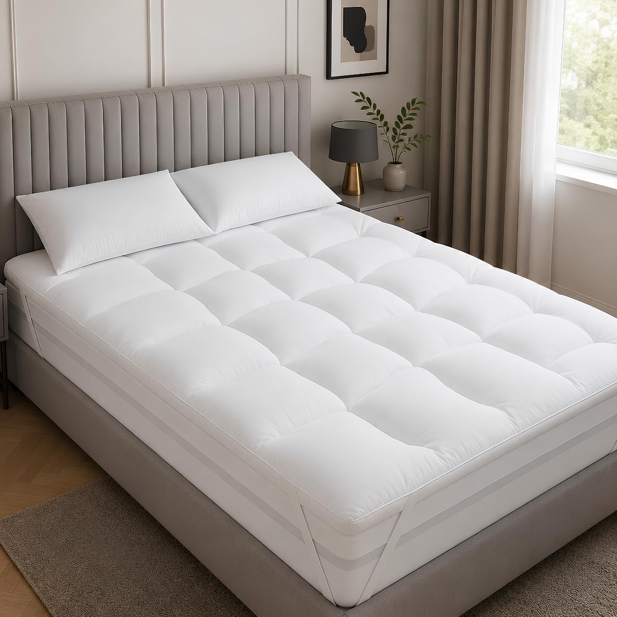 ELITLUX 10cm Hotel Quality Quilted Microfiber Super King Mattress Topper – Luxury Comfort, Hypoallergenic, Breathable & Extra Deep 1200GSM Mattress Topper With Easy Fit Straps (182x200cm)
