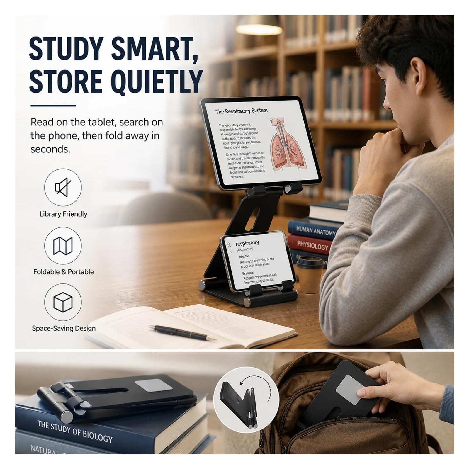 Supporto for telefono pieghevole in alluminio a doppio strato 2 in 1 | Scrivania, casa, ufficio, videochiamate, supporto tablet, supporto pieghevole