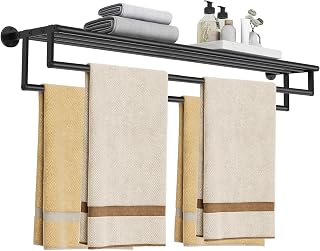 Double Towel Racks for Bathroom, 32Inch Double Towel Bar with Shelf, Towel Tack with Shelf, Wall Mount Towel Holder, Stainless Steel Towel Rod(Matte Black)