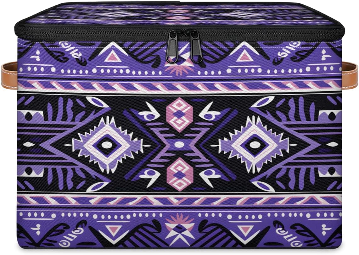 Storage Bin Set of 2 Boho Zig Zag Storage Basket with Zipper Lid & Handle Foldable Closet Shelf 2 Pack Cloth Organizer Basket Cube Bins Clothes Organizer for Nursery, Bedroom