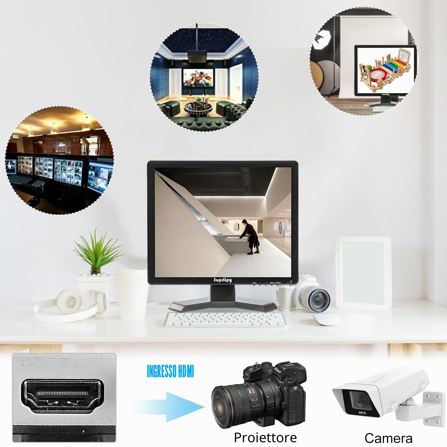 Monitor CCTV di sicurezza TFT LCD 15 pollici 1024x768 4:3 Schermo a colori HDMI/VGA/AV/BNC/MIC Porte USB Altoparlanti integrati