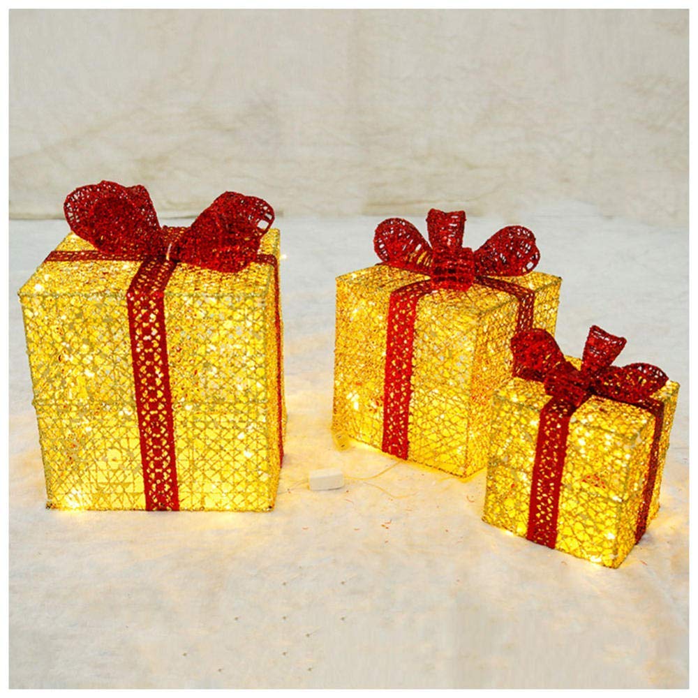 Cajas de regalo para Navidad, Juego de 3 cajas de regalo LED con iluminación decorativa navideña, hierro con lazo, juego de paquetes navideños cálidos(Gold)